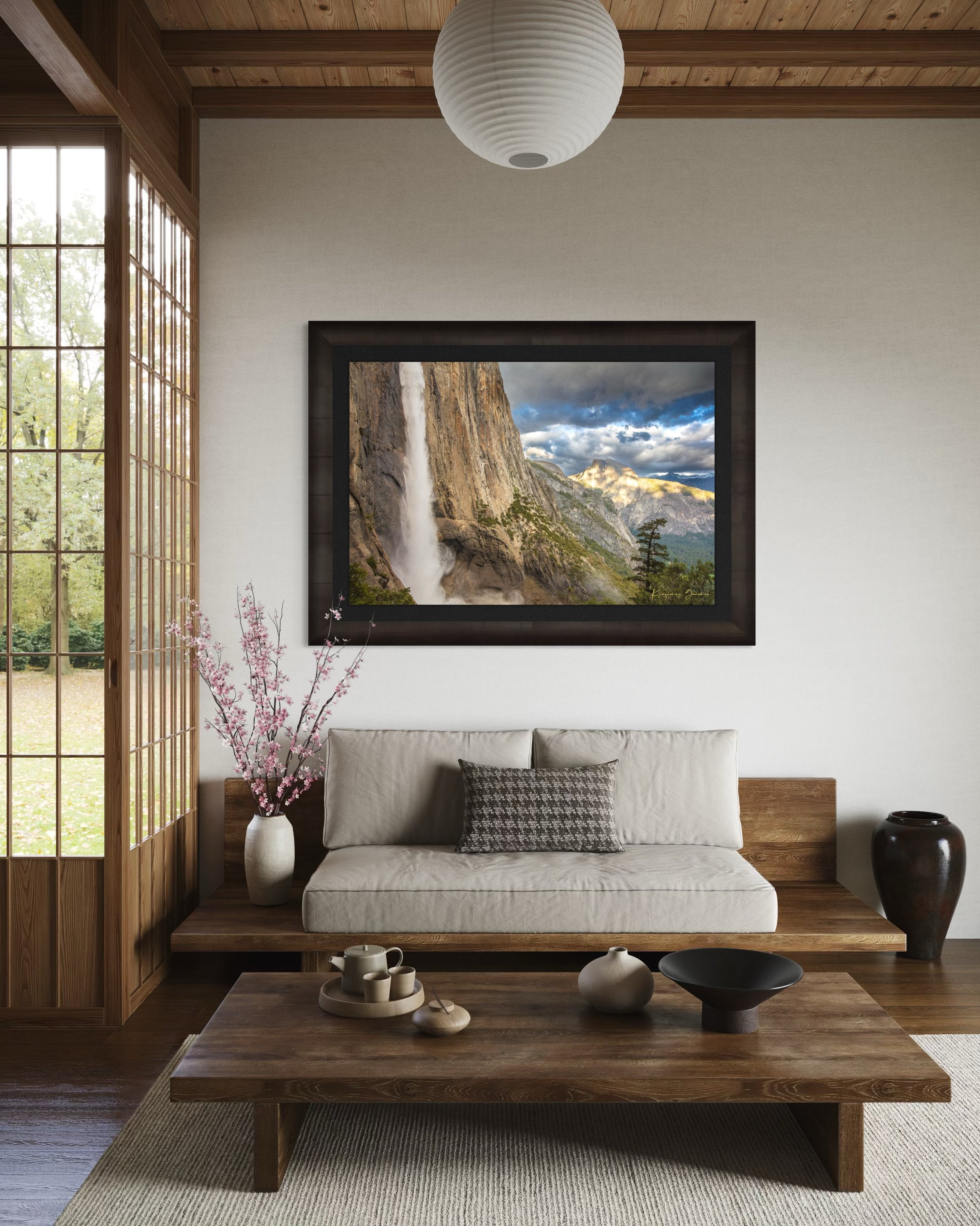 Half Dome illuminated by sunset light through dense storm clouds with waterfall below. #Finish_Roma Dark Ash Frame & Dark Liner