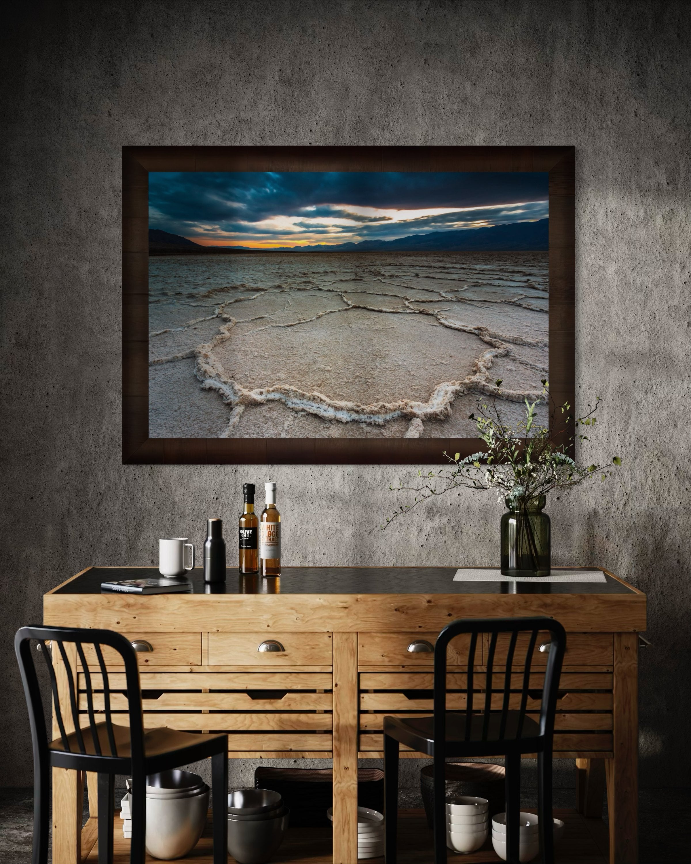 Expansive desert salt flat of Badwater Basin beneath a sky filled with storm clouds and setting sun in Death Valley. #Finish_Roma Cigar Leaf Frame