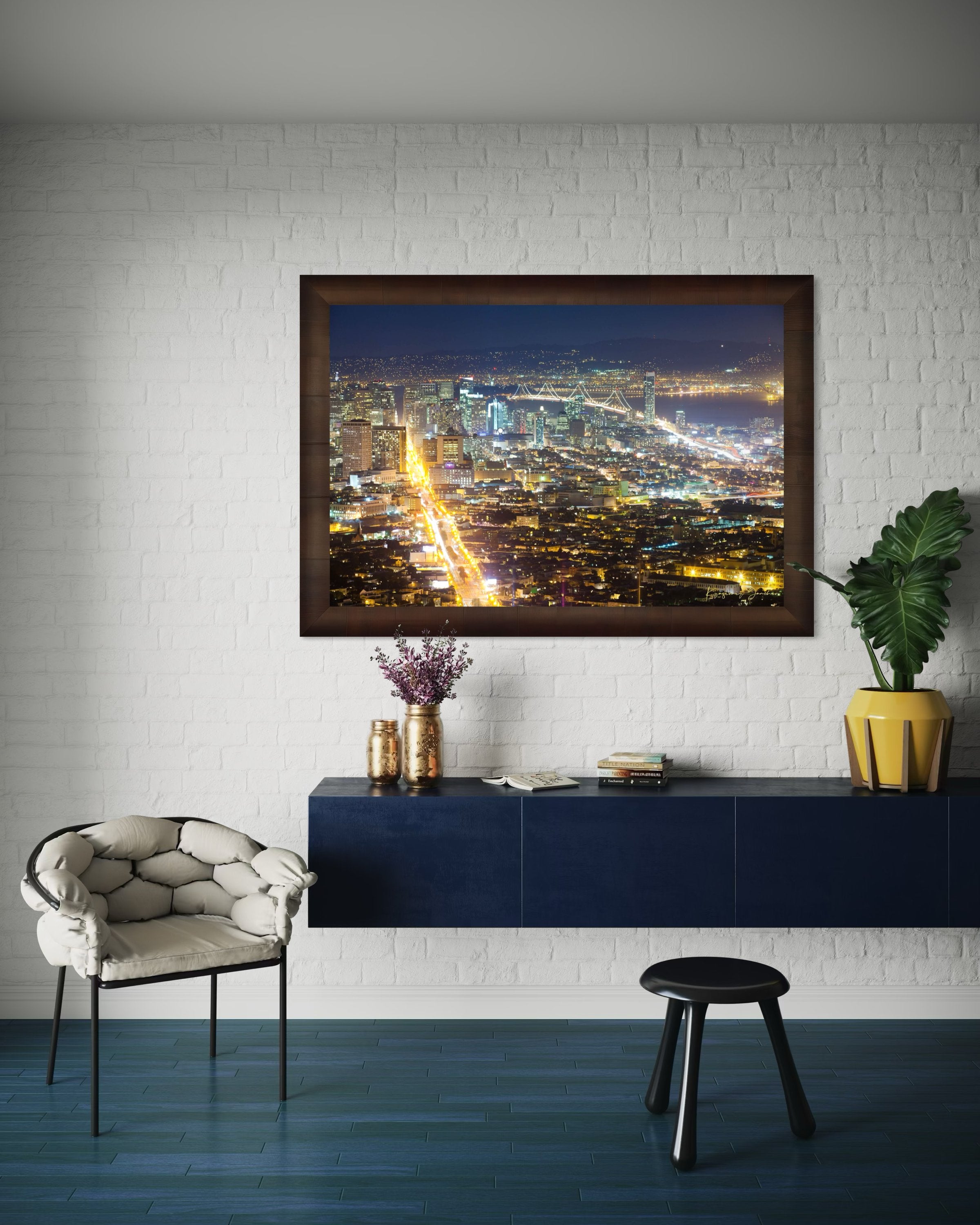 Nighttime panoramic view from Twin Peaks, San Francisco, with illuminated city lights reflected on the bay through a layer of mist. #Finish_Roma Cigar Leaf Frame