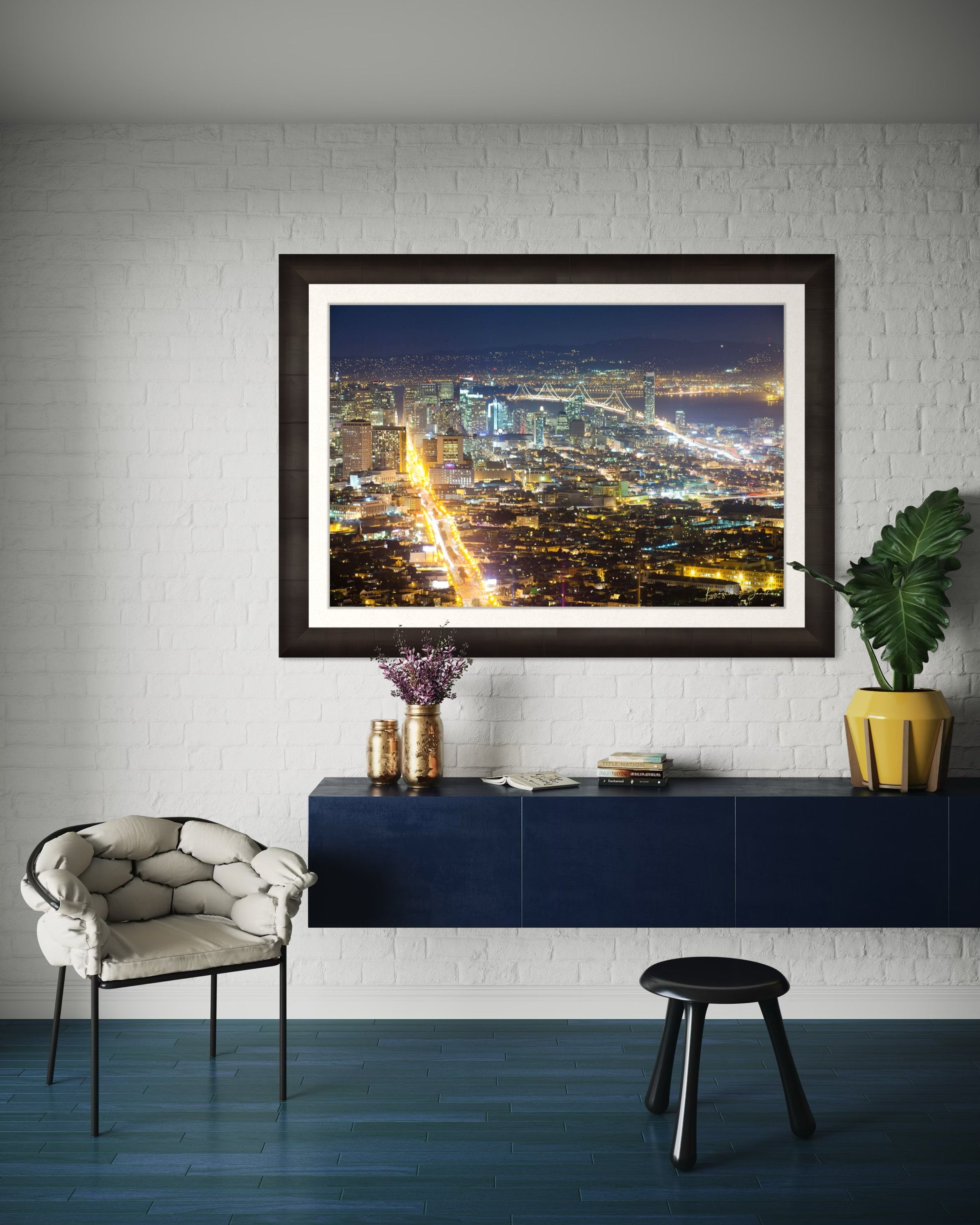 Nighttime panoramic view from Twin Peaks, San Francisco, with illuminated city lights reflected on the bay through a layer of mist. #Finish_Roma Dark Ash Frame & Bright Liner