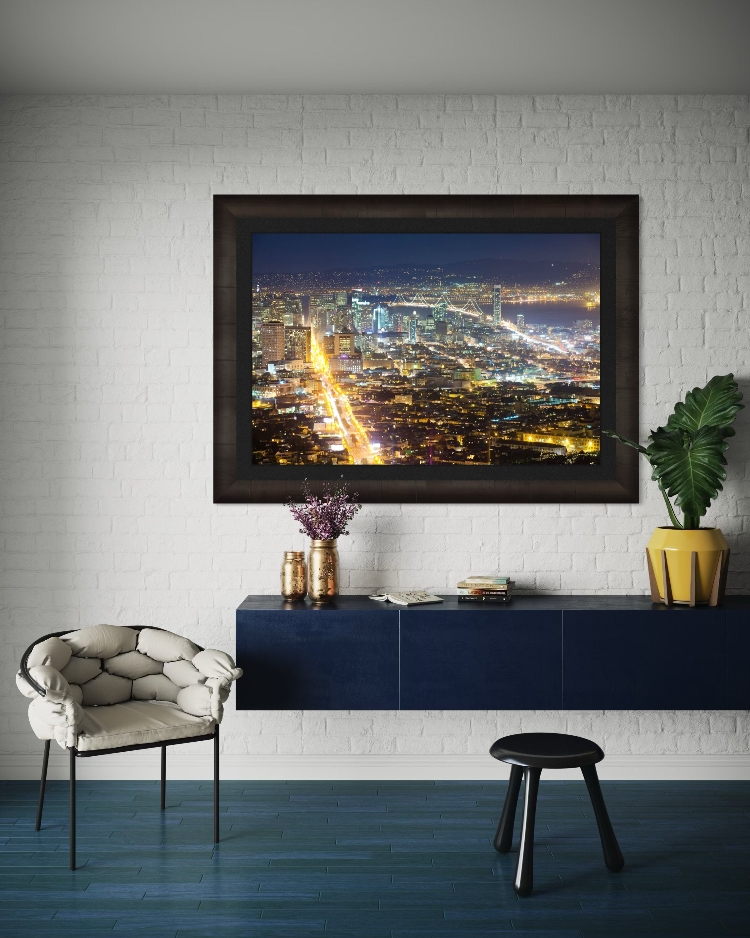 Nighttime panoramic view from Twin Peaks, San Francisco, with illuminated city lights reflected on the bay through a layer of mist. #Finish_Roma Dark Ash Frame & Dark Liner