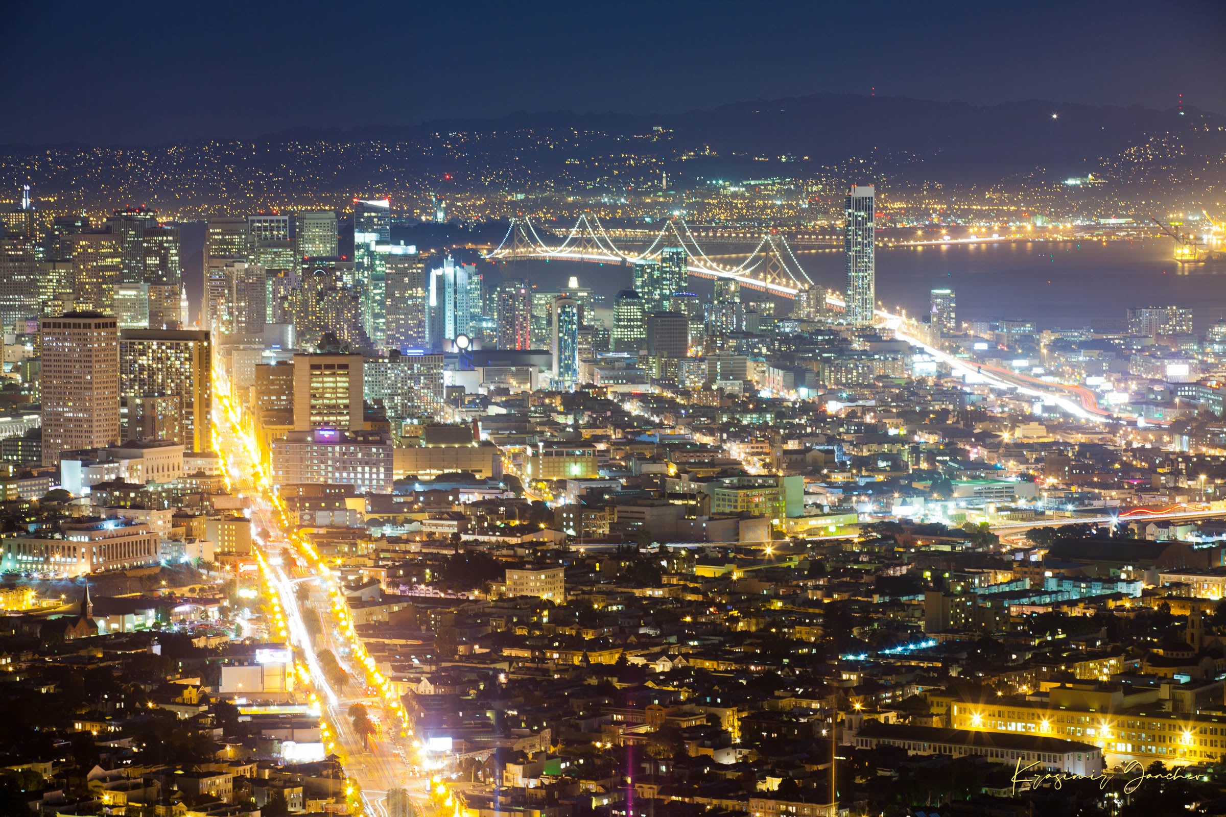 Nighttime panoramic view from Twin Peaks, San Francisco, with illuminated city lights reflected on the bay through a layer of mist. #Finish_Acrylic Recess