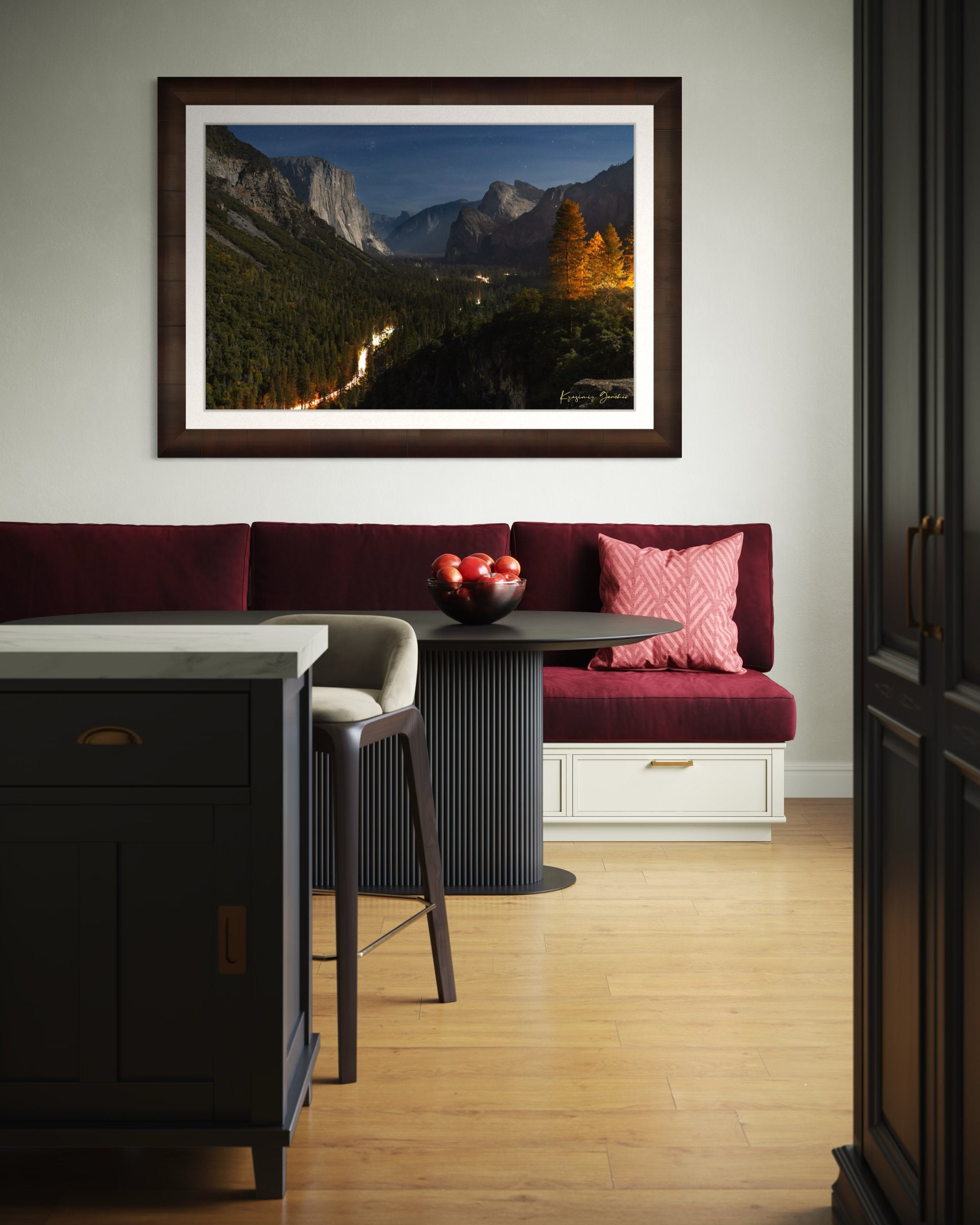 El Capitan at night in Yosemite Valley, moonlight revealing climbing gear and waterfall with clouds above, serene wilderness scene. #Finish_Roma Cigar Leaf Frame & Bright Liner