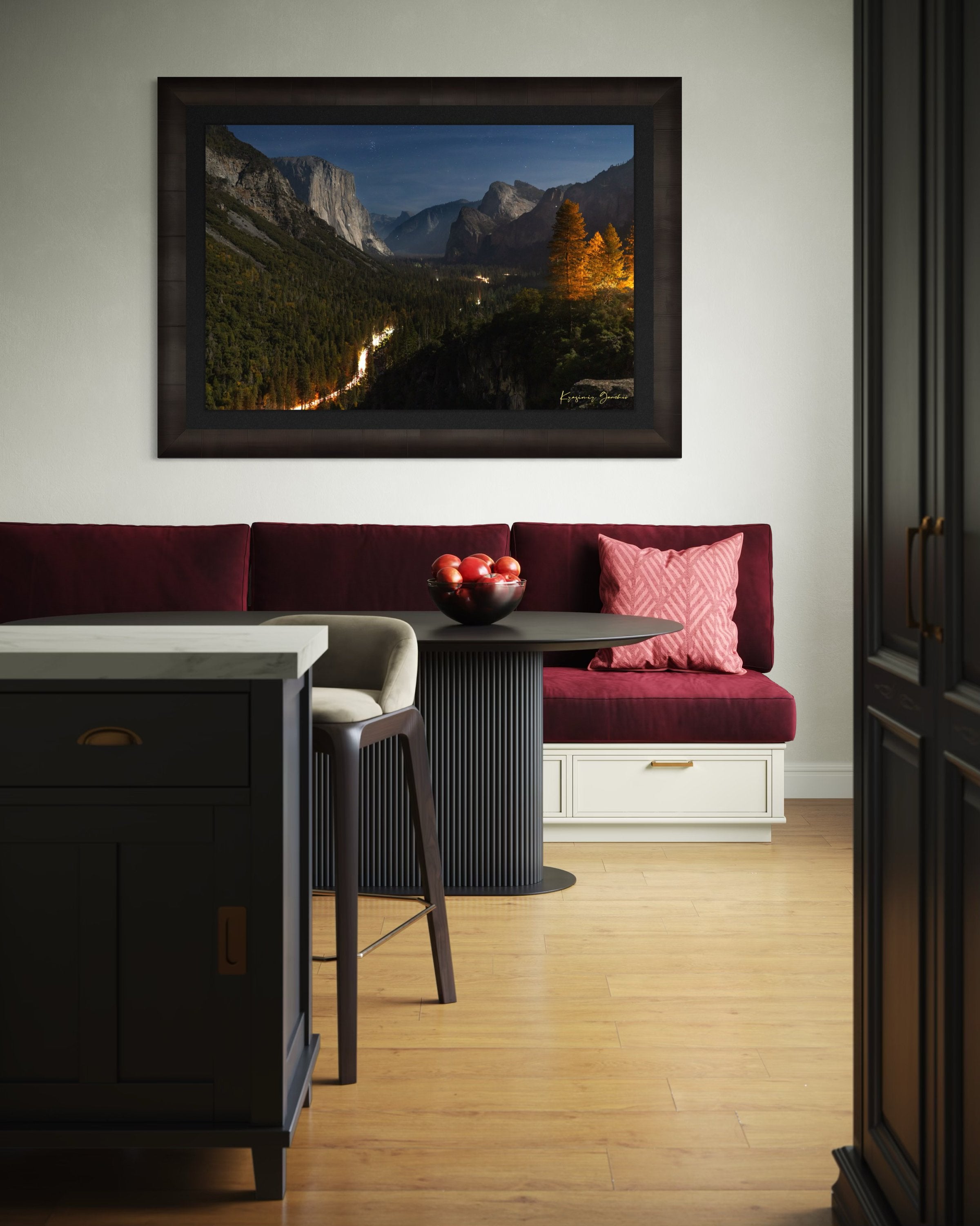 El Capitan at night in Yosemite Valley, moonlight revealing climbing gear and waterfall with clouds above, serene wilderness scene. #Finish_Roma Dark Ash Frame & Dark Liner