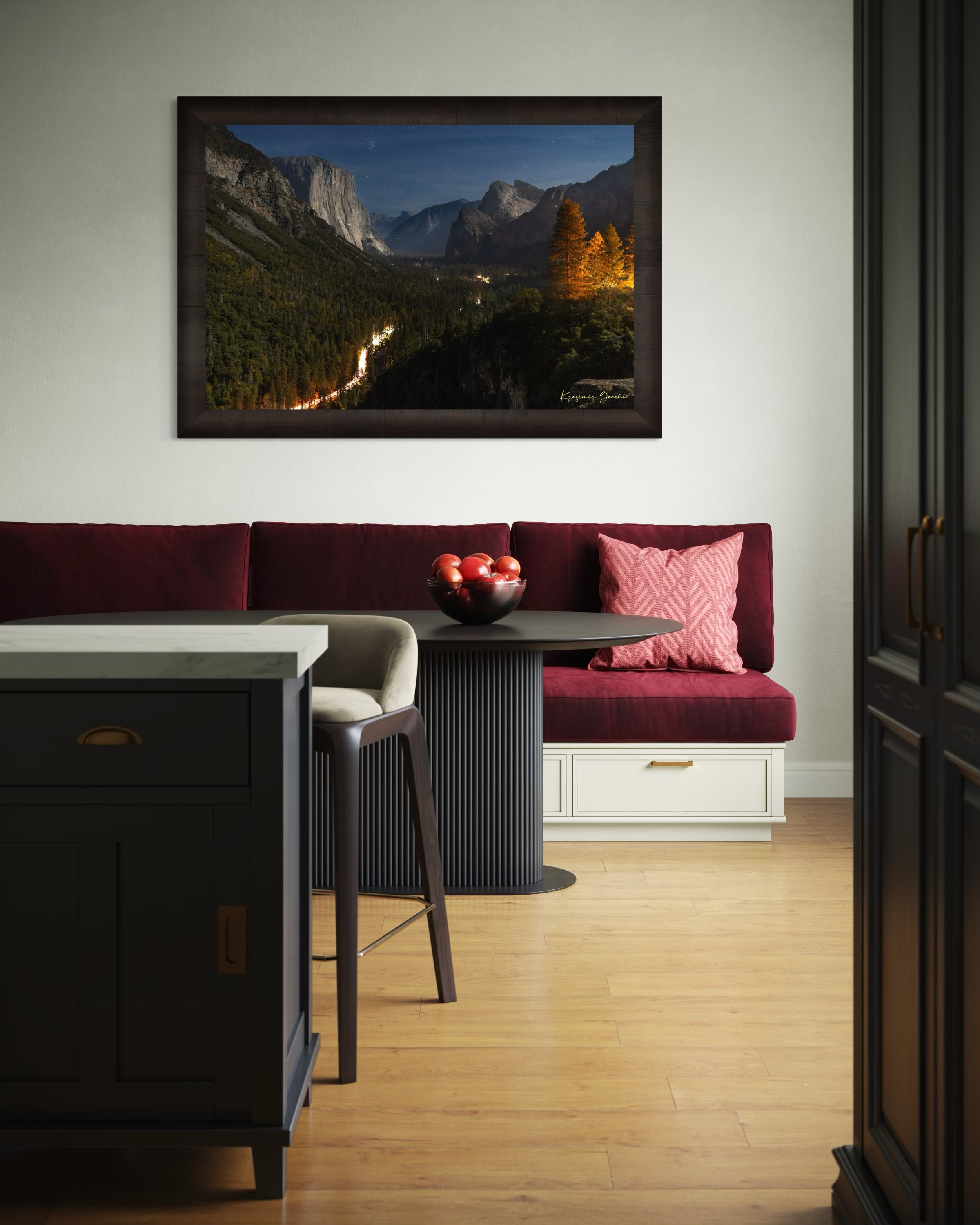 El Capitan at night in Yosemite Valley, moonlight revealing climbing gear and waterfall with clouds above, serene wilderness scene. #Finish_Roma Dark Ash Frame