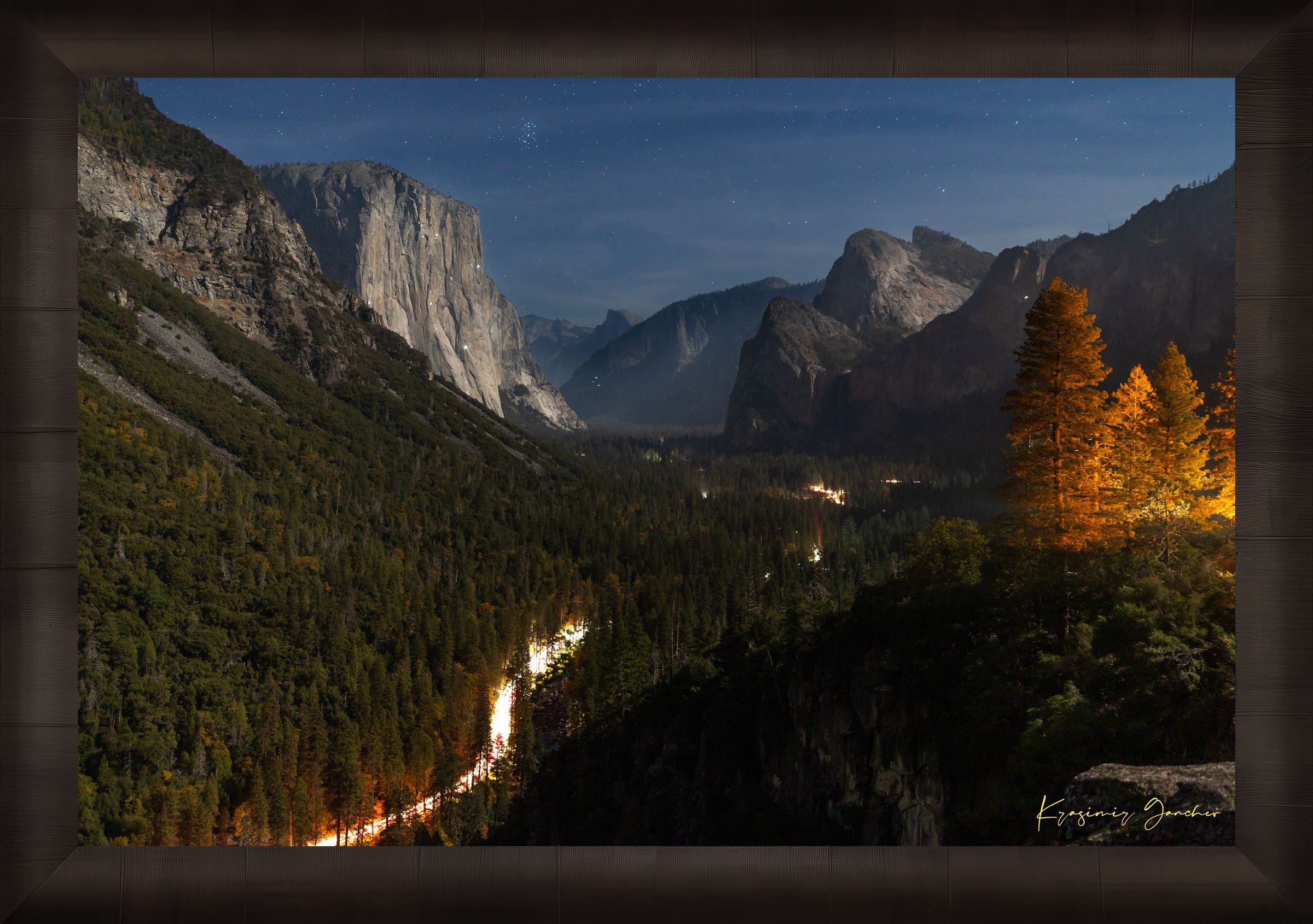 El Capitan at night in Yosemite Valley, moonlight revealing climbing gear and waterfall with clouds above, serene wilderness scene. #Finish_Roma Dark Ash Frame