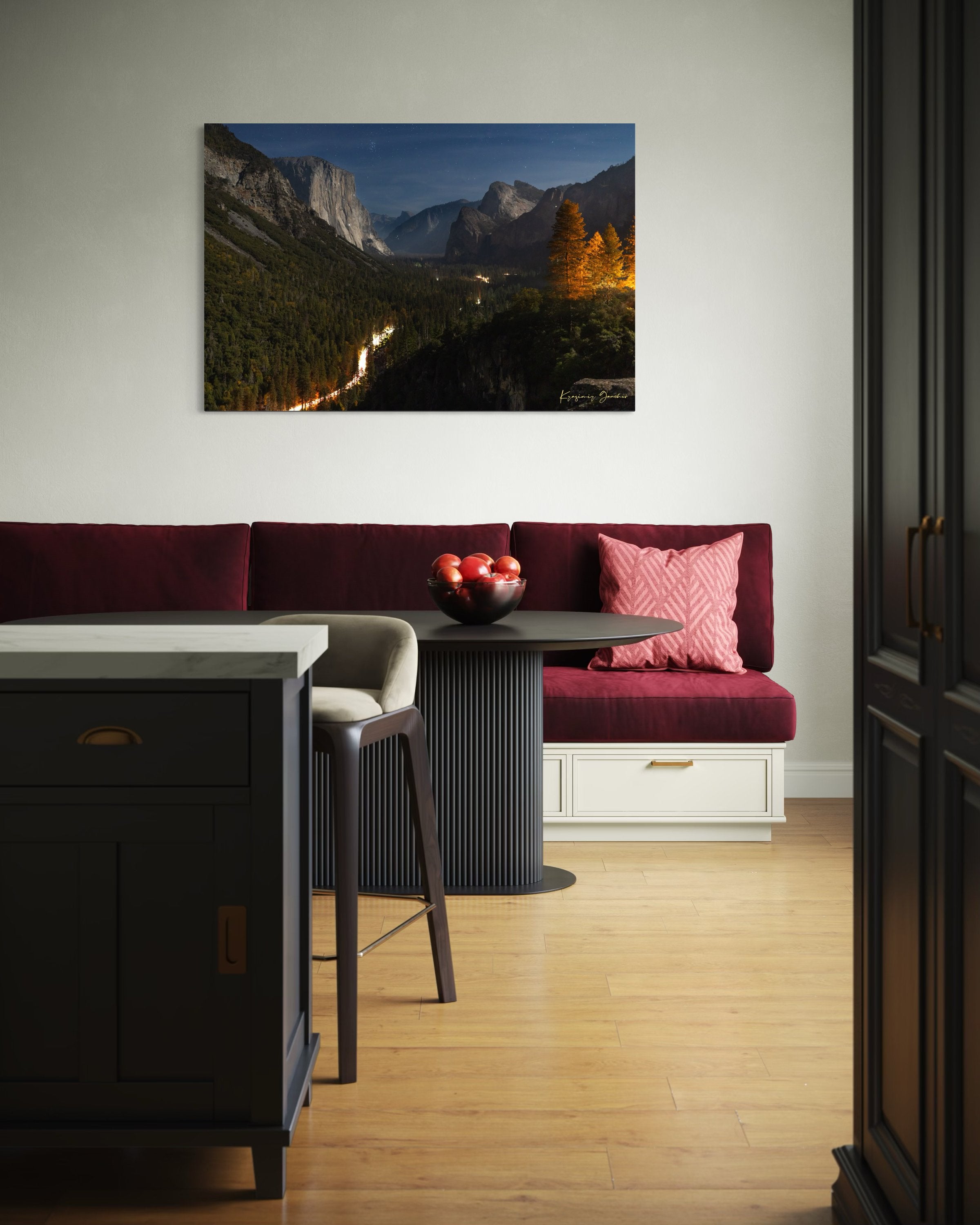 El Capitan at night in Yosemite Valley, moonlight revealing climbing gear and waterfall with clouds above, serene wilderness scene. #Finish_Acrylic Recess