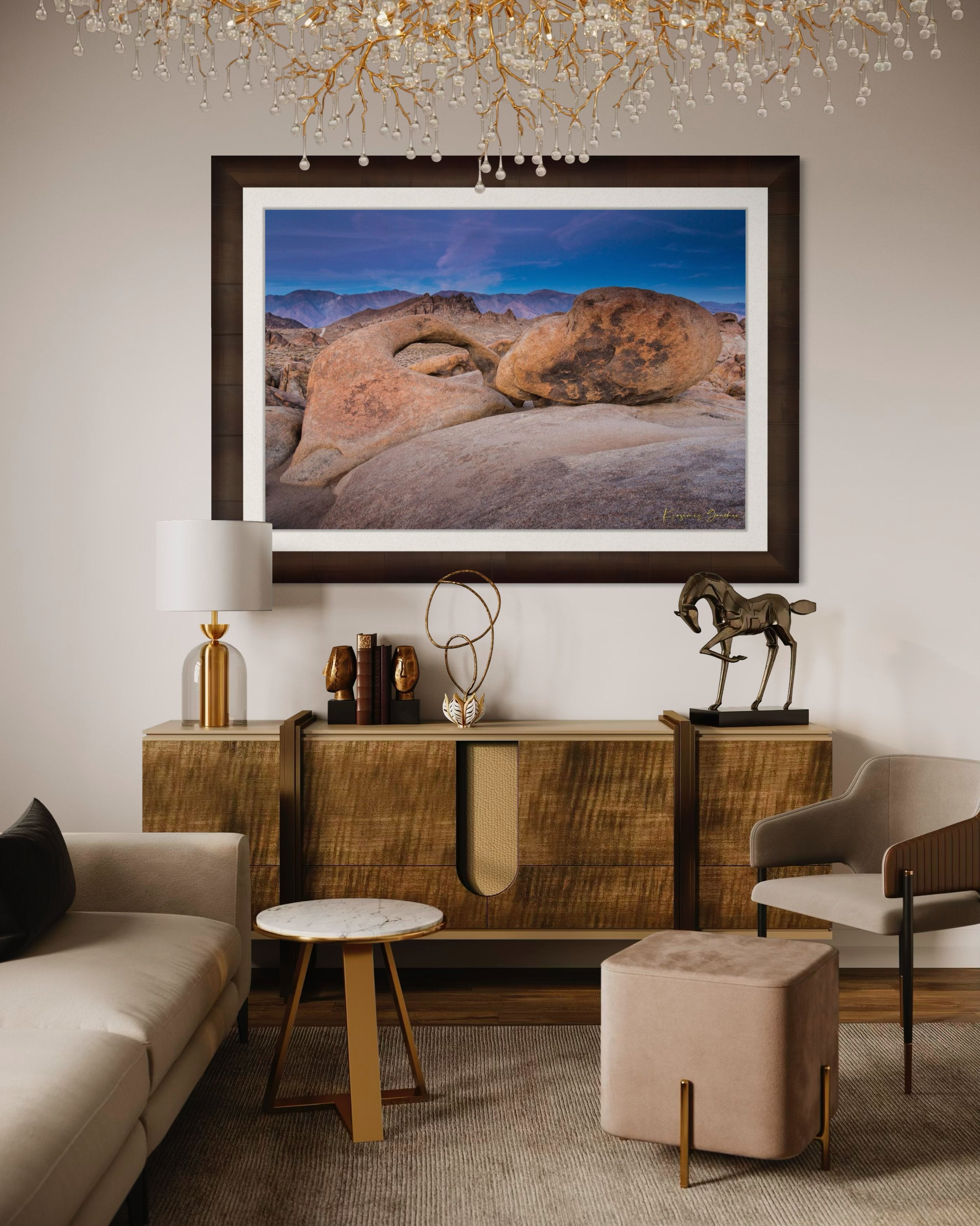 Natural sandstone arch standing against a dusky sky with scattered clouds and dry terrain in Inyo National Forest. #Finish_Roma Cigar Leaf Frame & Bright Liner