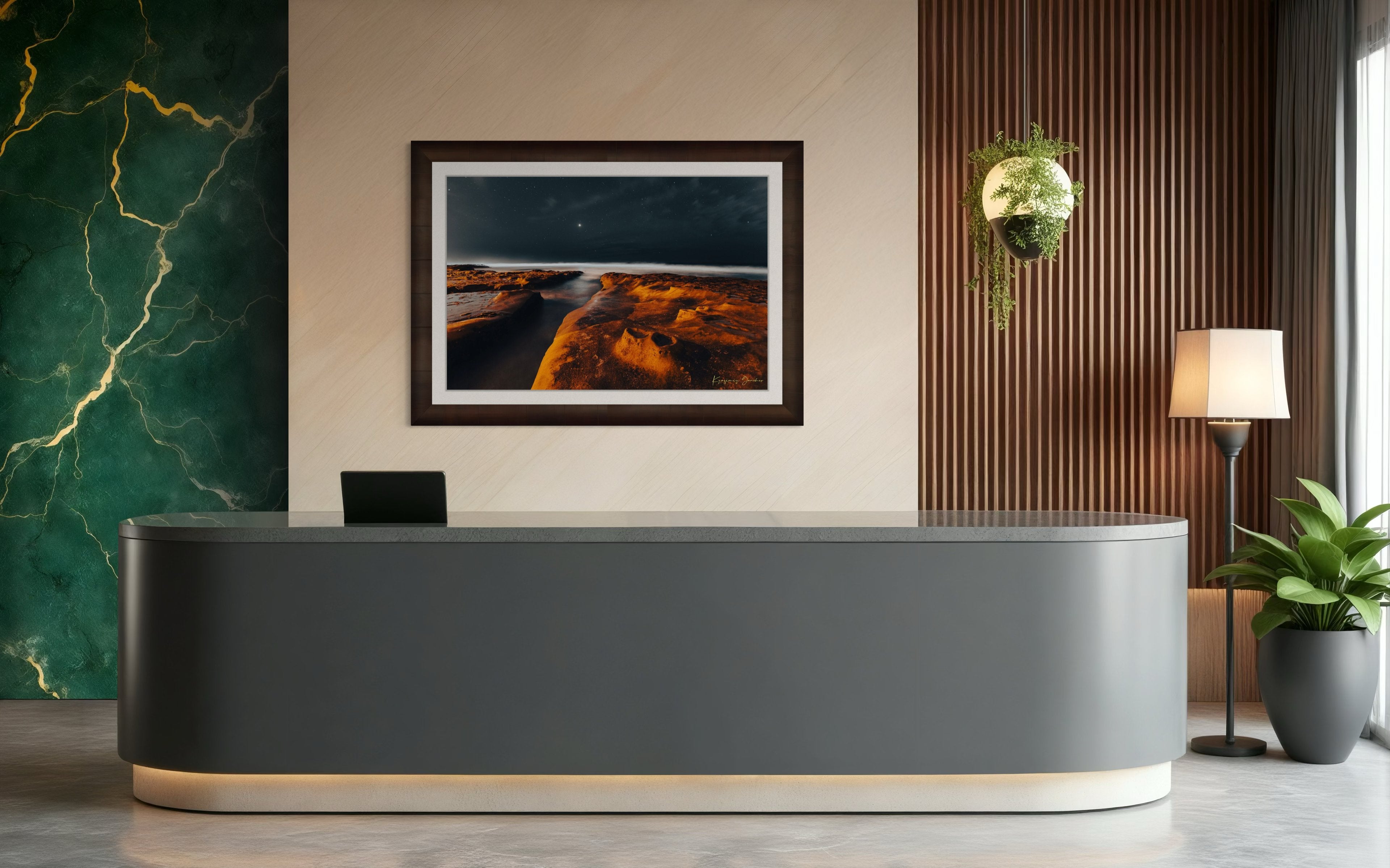 Nighttime La Jolla coastal scene showing tide pools under a starry sky with reflective ocean surface mirroring the stars. #Finish_Roma Cigar Leaf Frame & Bright Liner