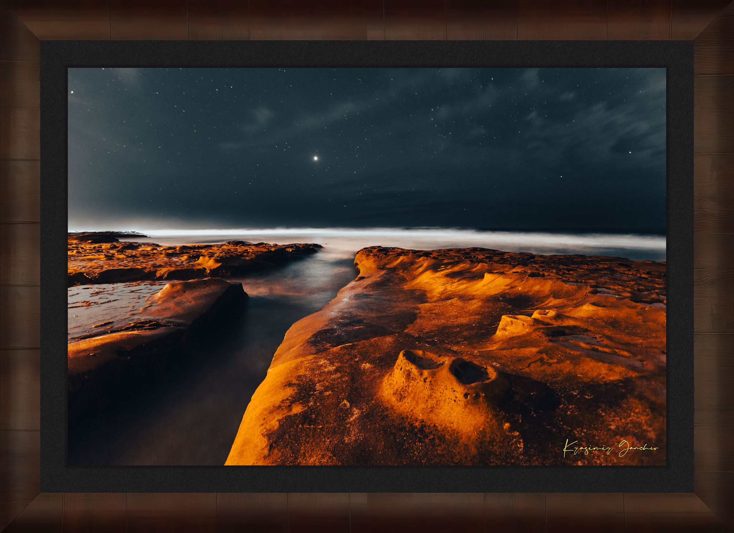 Nighttime La Jolla coastal scene showing tide pools under a starry sky with reflective ocean surface mirroring the stars. #Finish_Roma Cigar Leaf Frame & Dark Liner
