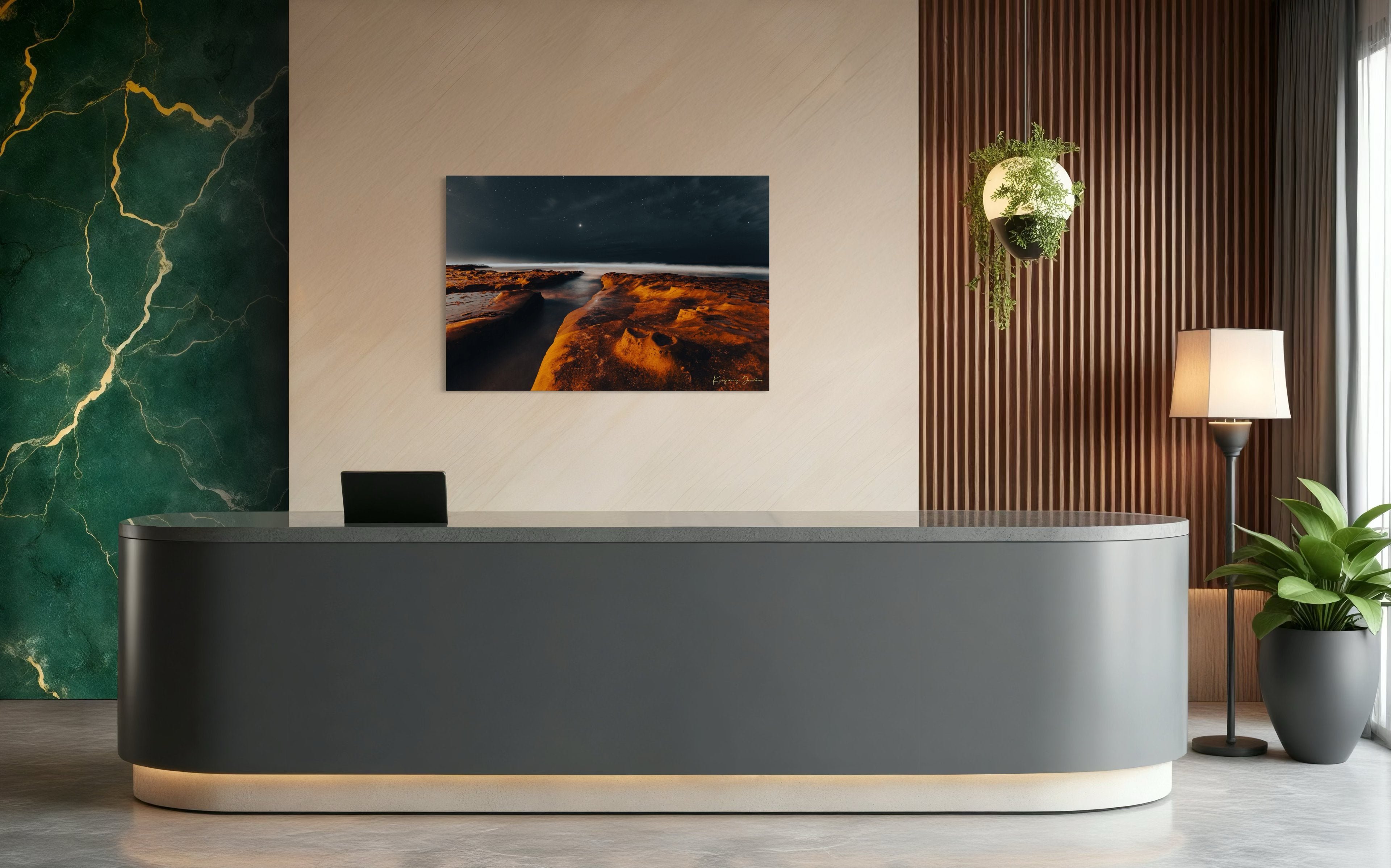 Nighttime La Jolla coastal scene showing tide pools under a starry sky with reflective ocean surface mirroring the stars. #Finish_Acrylic Recess