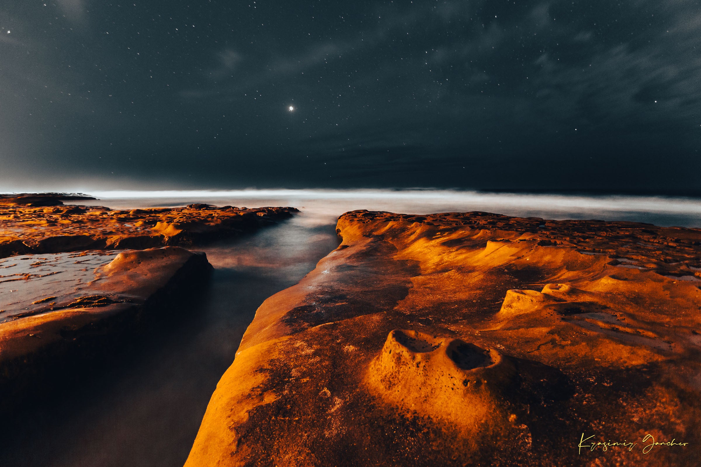 Nighttime La Jolla coastal scene showing tide pools under a starry sky with reflective ocean surface mirroring the stars. #Finish_Acrylic Recess