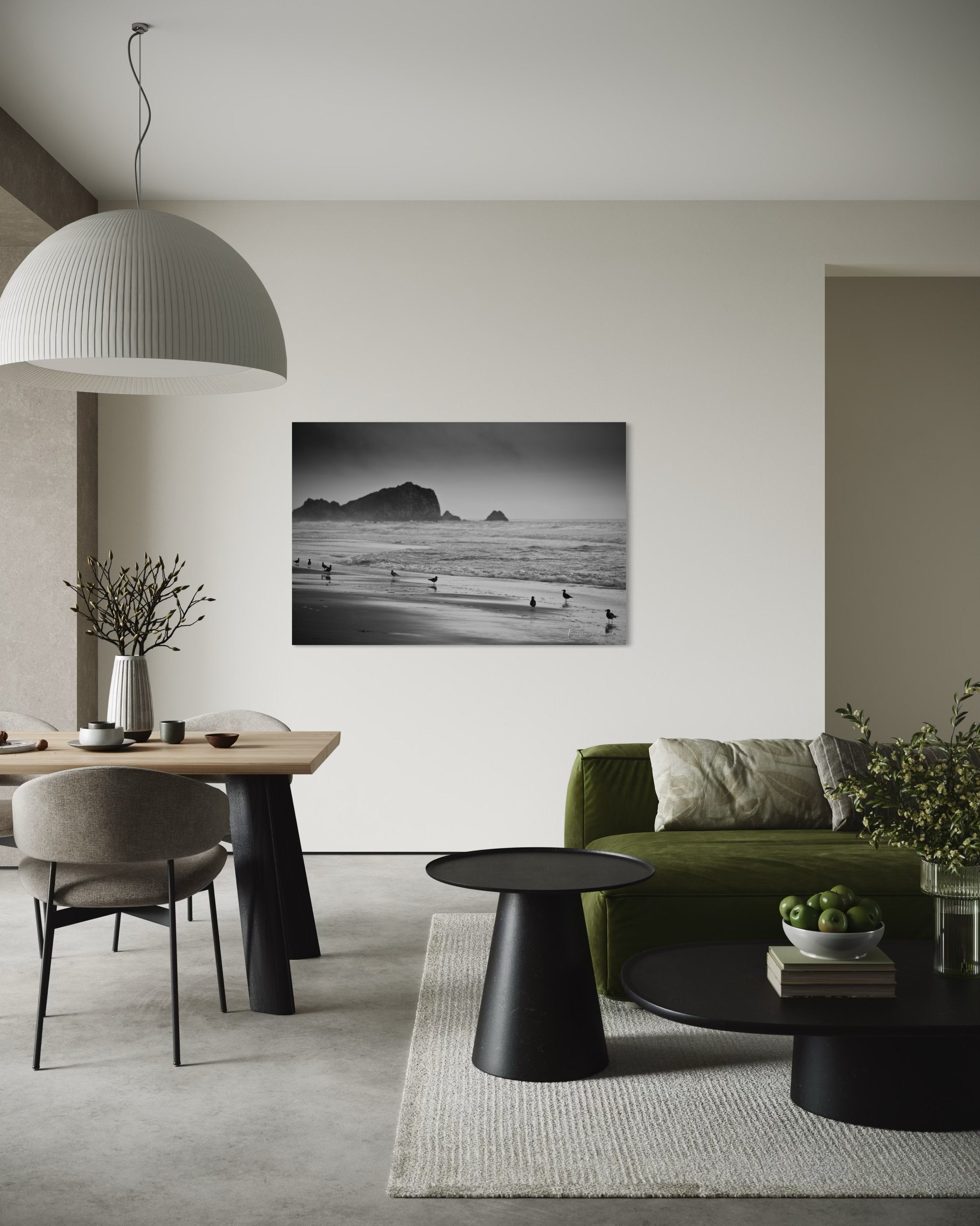 Monochrome coastal view of McClures Beach, featuring endless shoreline under cloudy skies with distant seabirds. #Finish_Acrylic Recess