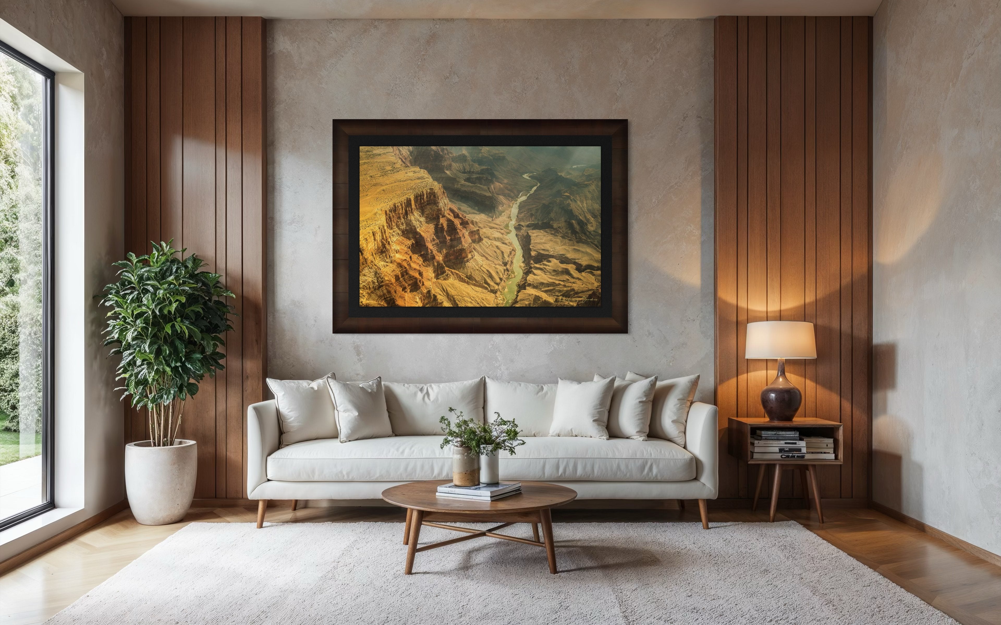 Colorado River traversing the Grand Canyon chasm in daylight, visible geological formations shrouded in haze. #Finish_Roma Cigar Leaf Frame & Dark Liner