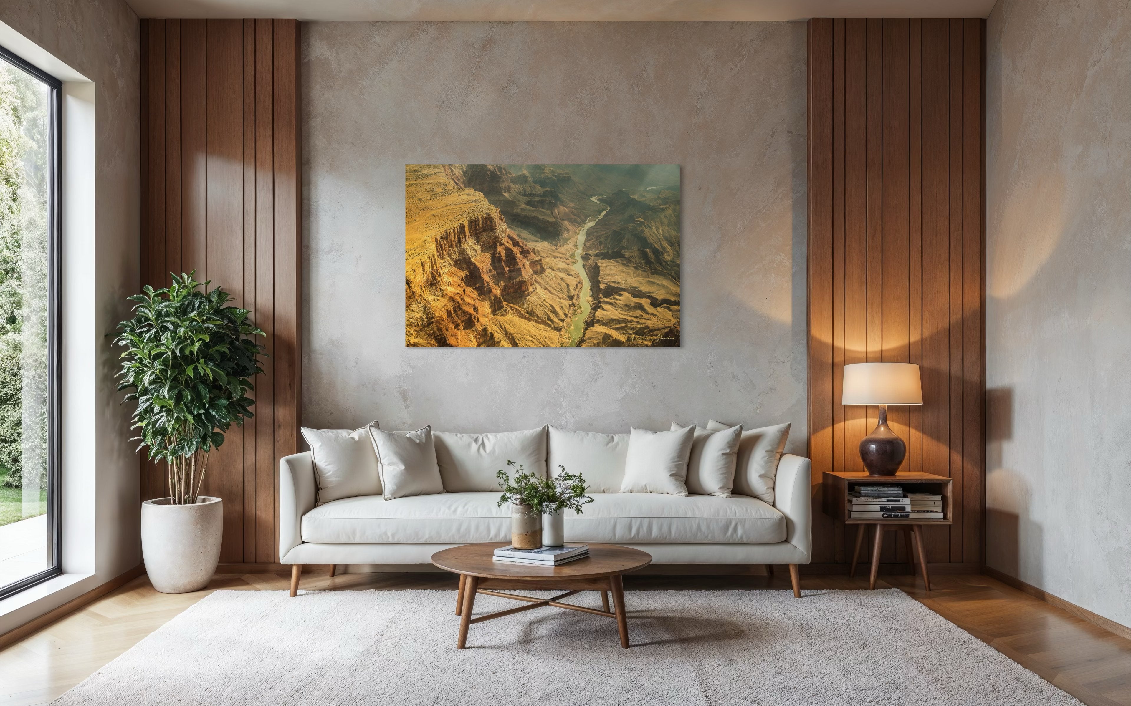 Colorado River traversing the Grand Canyon chasm in daylight, visible geological formations shrouded in haze. #Finish_Acrylic Recess