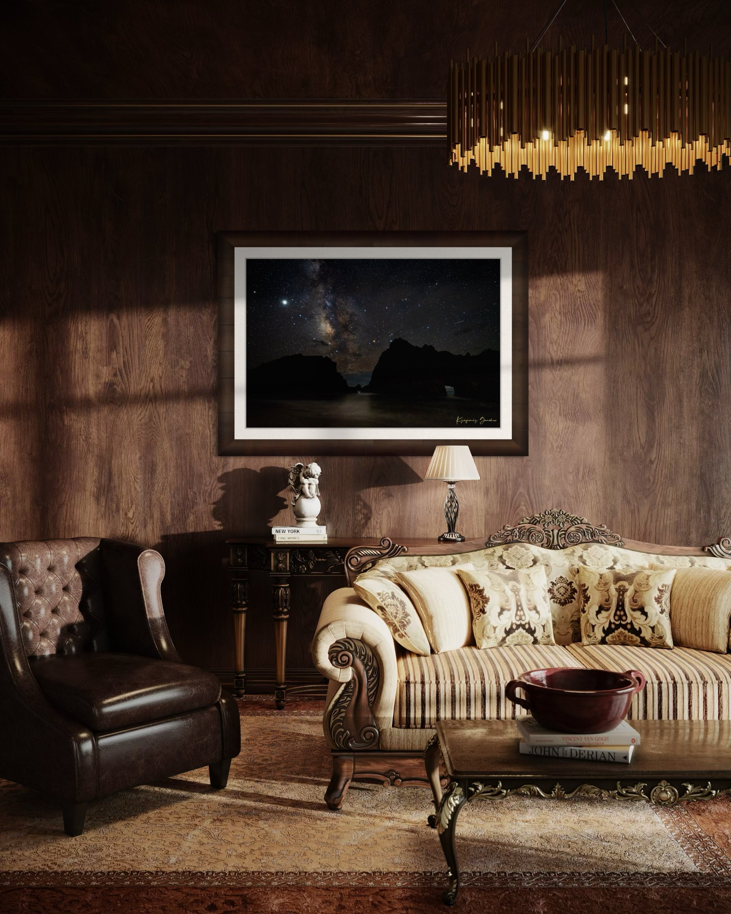 Keyhole Arch framed by the Milky Way galaxy on a clear night at Pfeiffer Beach in Big Sur, California. #Finish_Roma Cigar Leaf Frame & Bright Liner