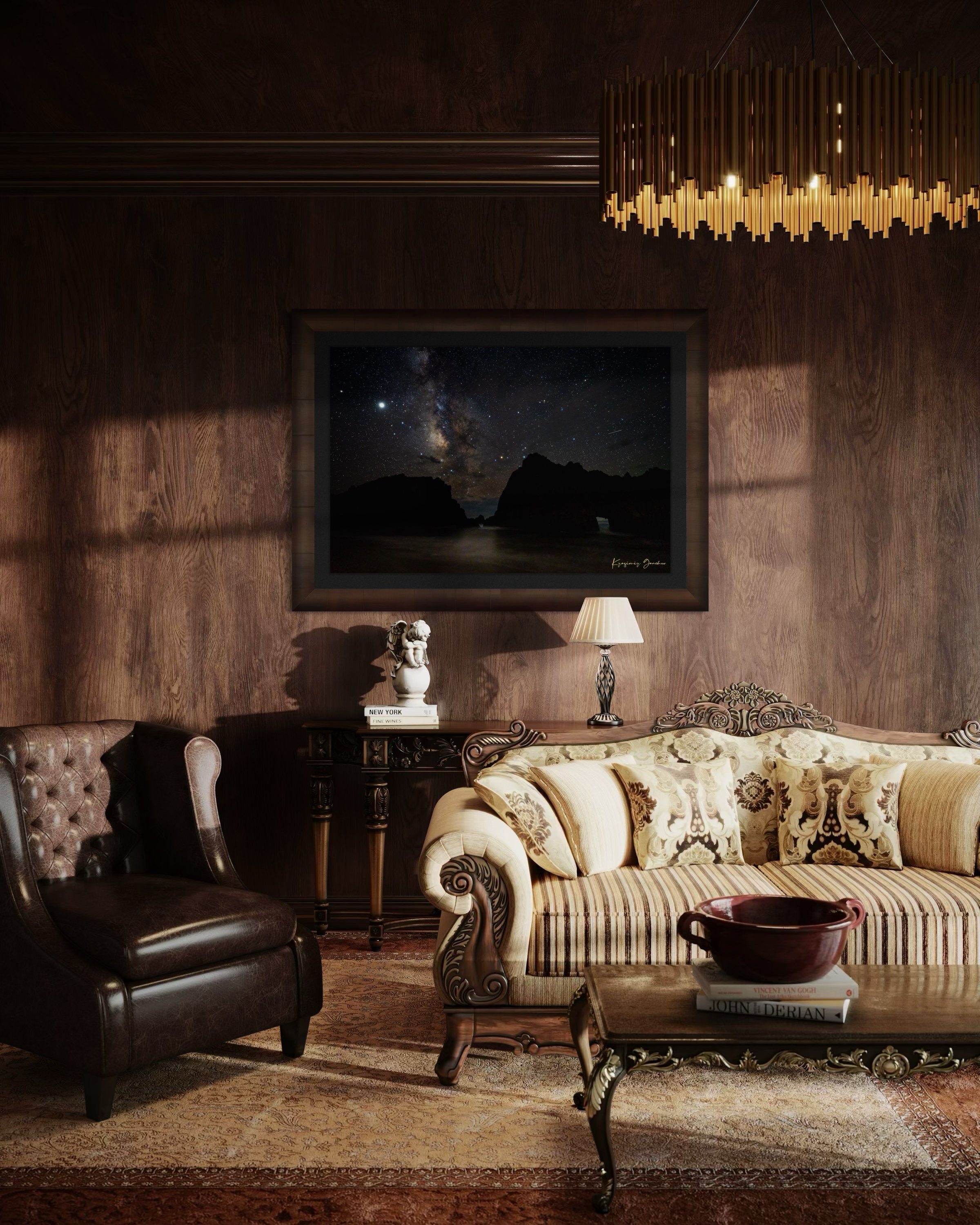 Keyhole Arch framed by the Milky Way galaxy on a clear night at Pfeiffer Beach in Big Sur, California. #Finish_Roma Cigar Leaf Frame & Dark Liner