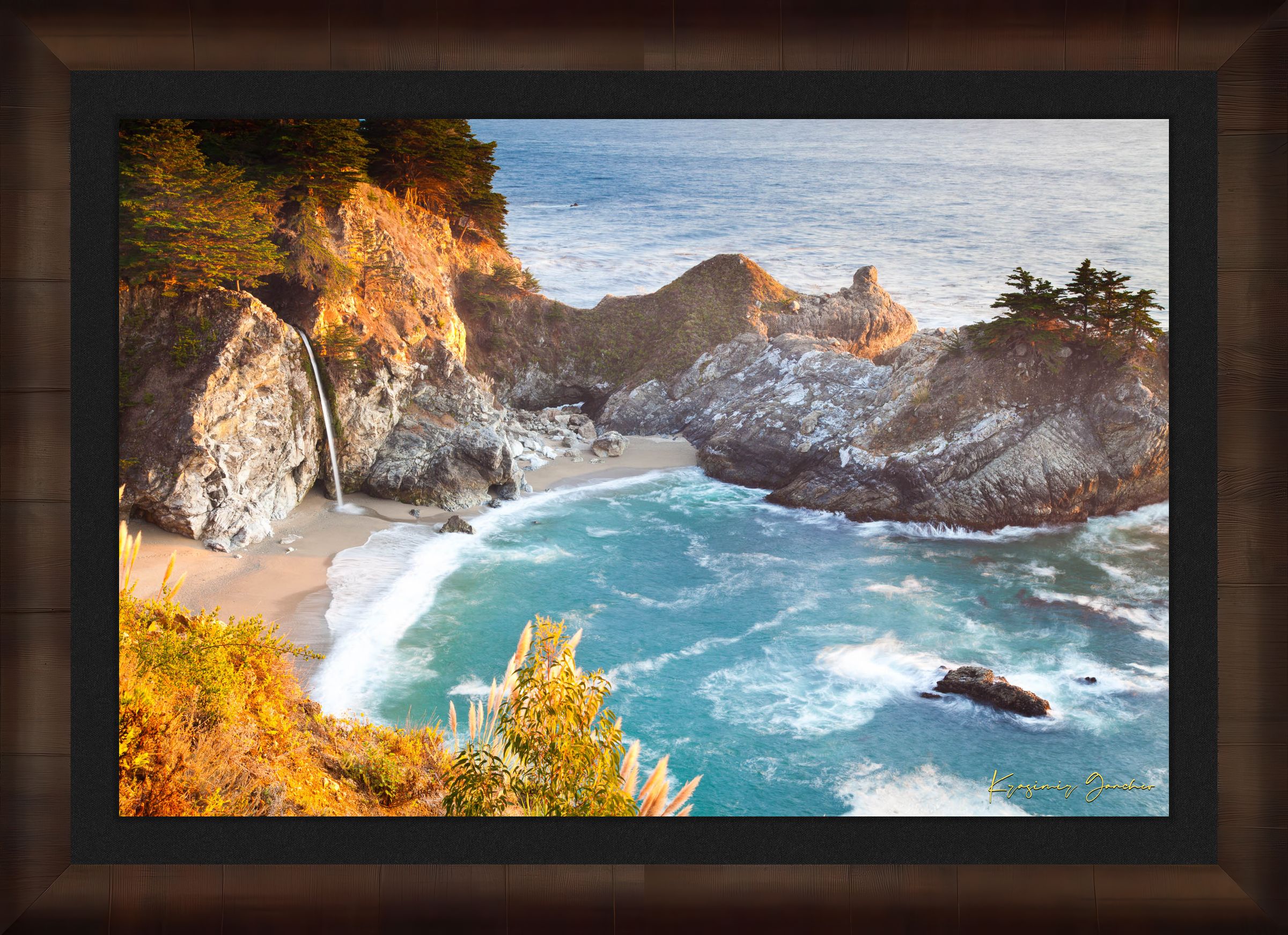 Waterfall cascading onto beach at McWay Falls, Big Sur, captured in golden sunset light. #Finish_Roma Cigar Leaf Frame & Dark Liner