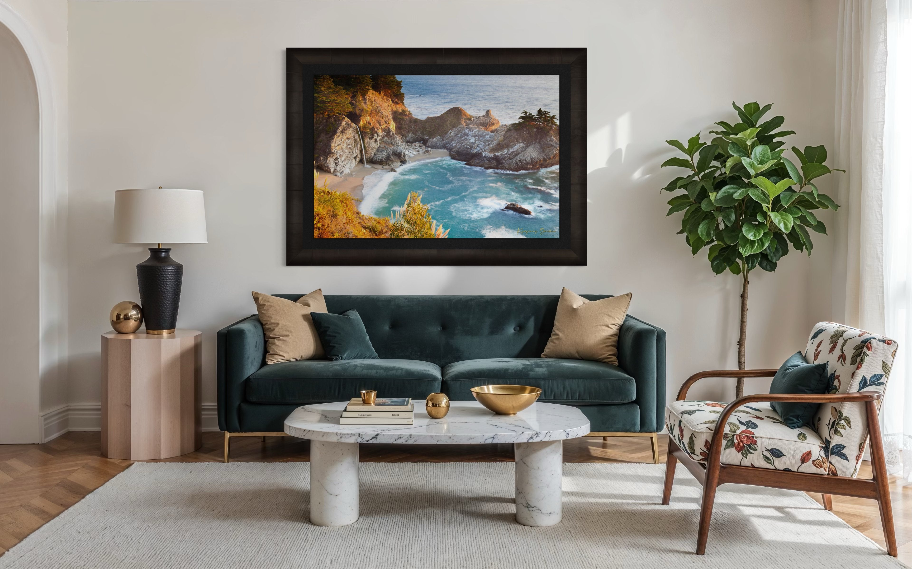 Waterfall cascading onto beach at McWay Falls, Big Sur, captured in golden sunset light. #Finish_Roma Dark Ash Frame & Dark Liner
