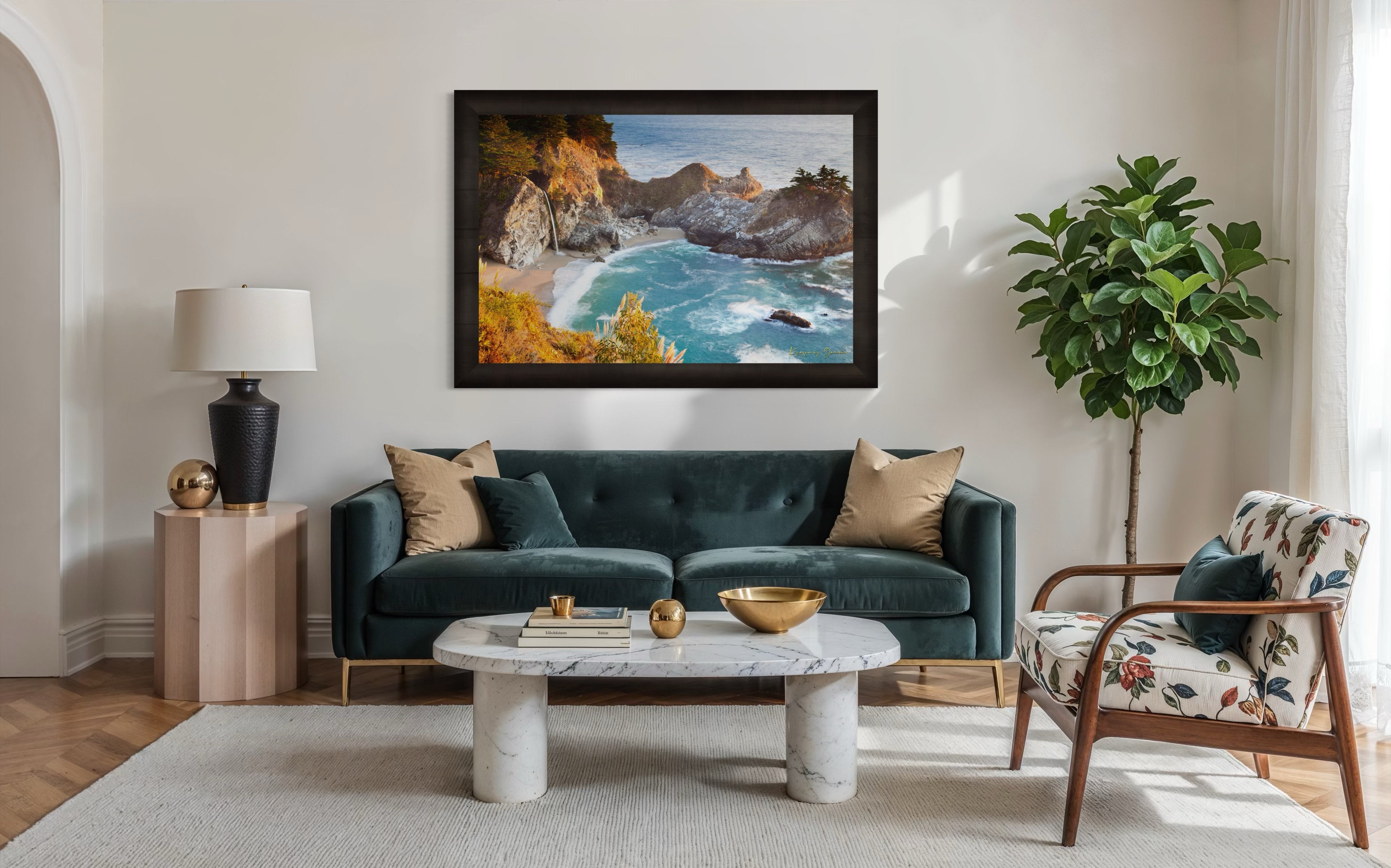 Waterfall cascading onto beach at McWay Falls, Big Sur, captured in golden sunset light. #Finish_Roma Dark Ash Frame