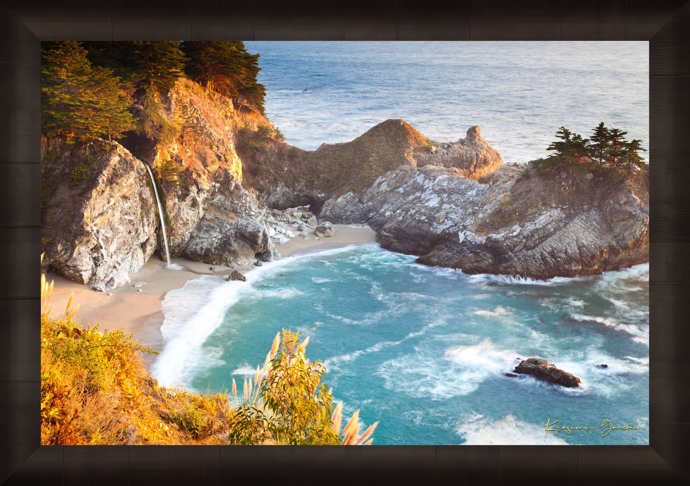Waterfall cascading onto beach at McWay Falls, Big Sur, captured in golden sunset light. #Finish_Roma Dark Ash Frame