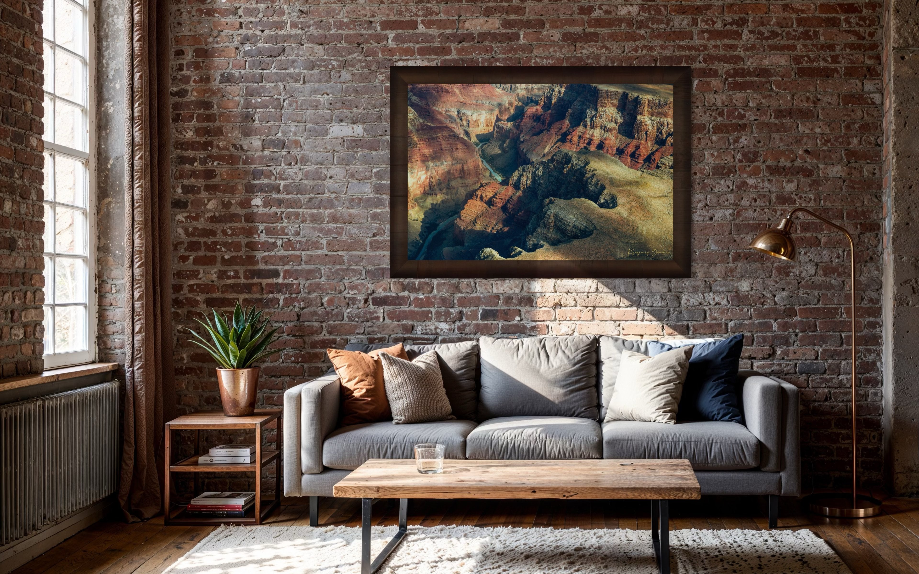 Canyon wall of Grand Canyon with layered reddish-brown strata illuminated by daylight under hazy conditions. #Finish_Roma Cigar Leaf Frame