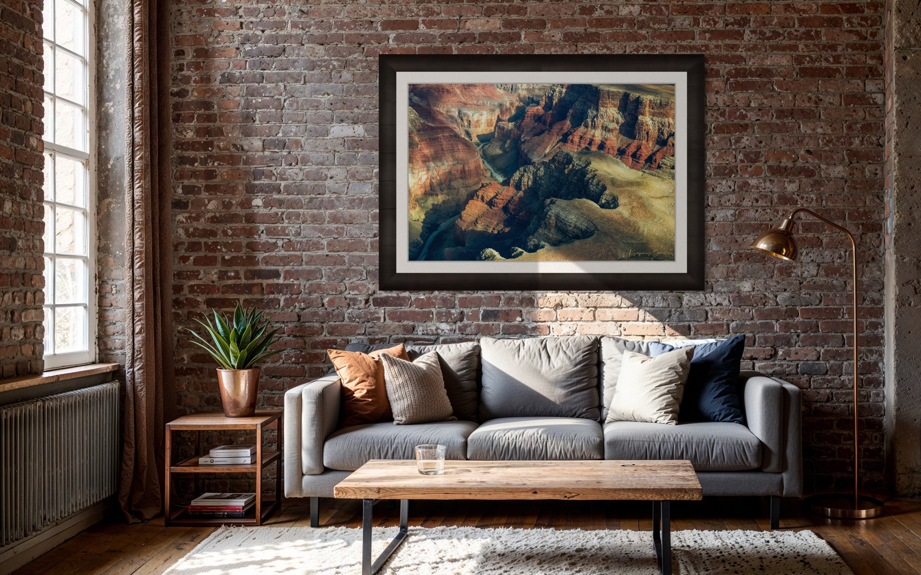 Canyon wall of Grand Canyon with layered reddish-brown strata illuminated by daylight under hazy conditions. #Finish_Roma Dark Ash Frame & Bright Liner