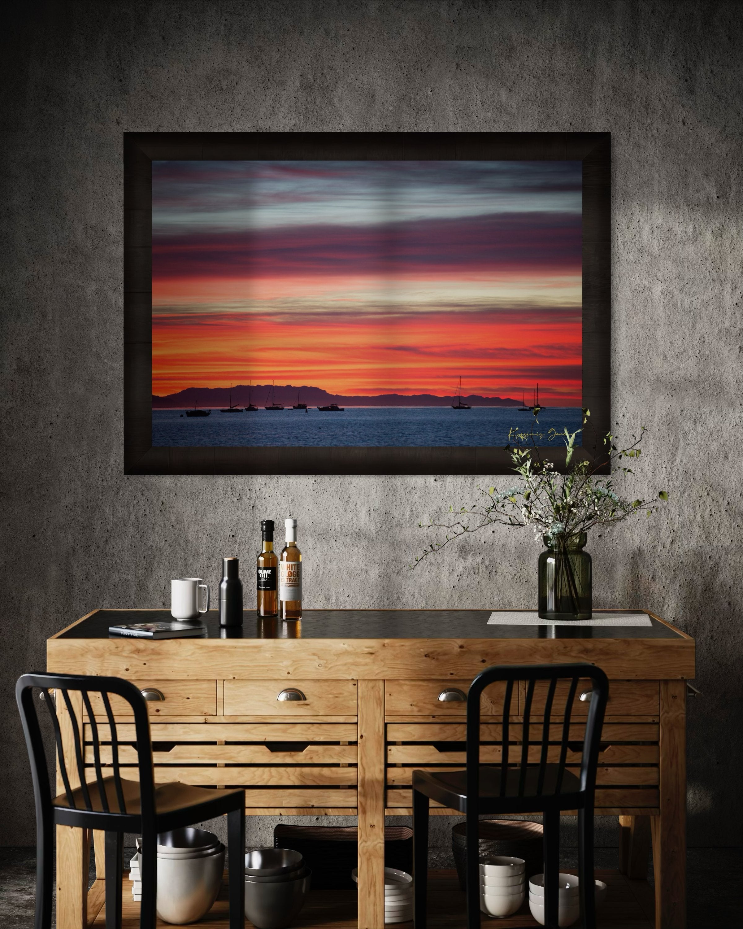 East Beach along the coastal landscape of Santa Barbara, California, during sunset with boats silhouetted on the horizon. #Finish_Roma Dark Ash Frame