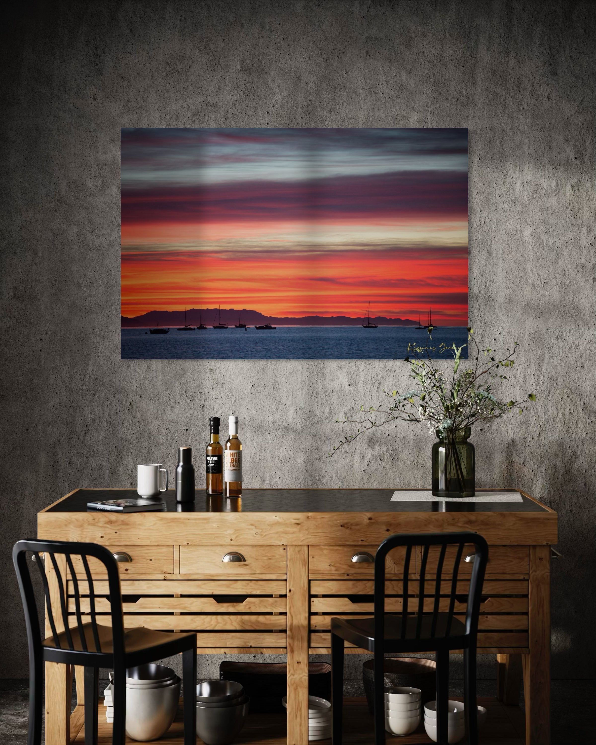 East Beach along the coastal landscape of Santa Barbara, California, during sunset with boats silhouetted on the horizon. #Finish_Acrylic Recess