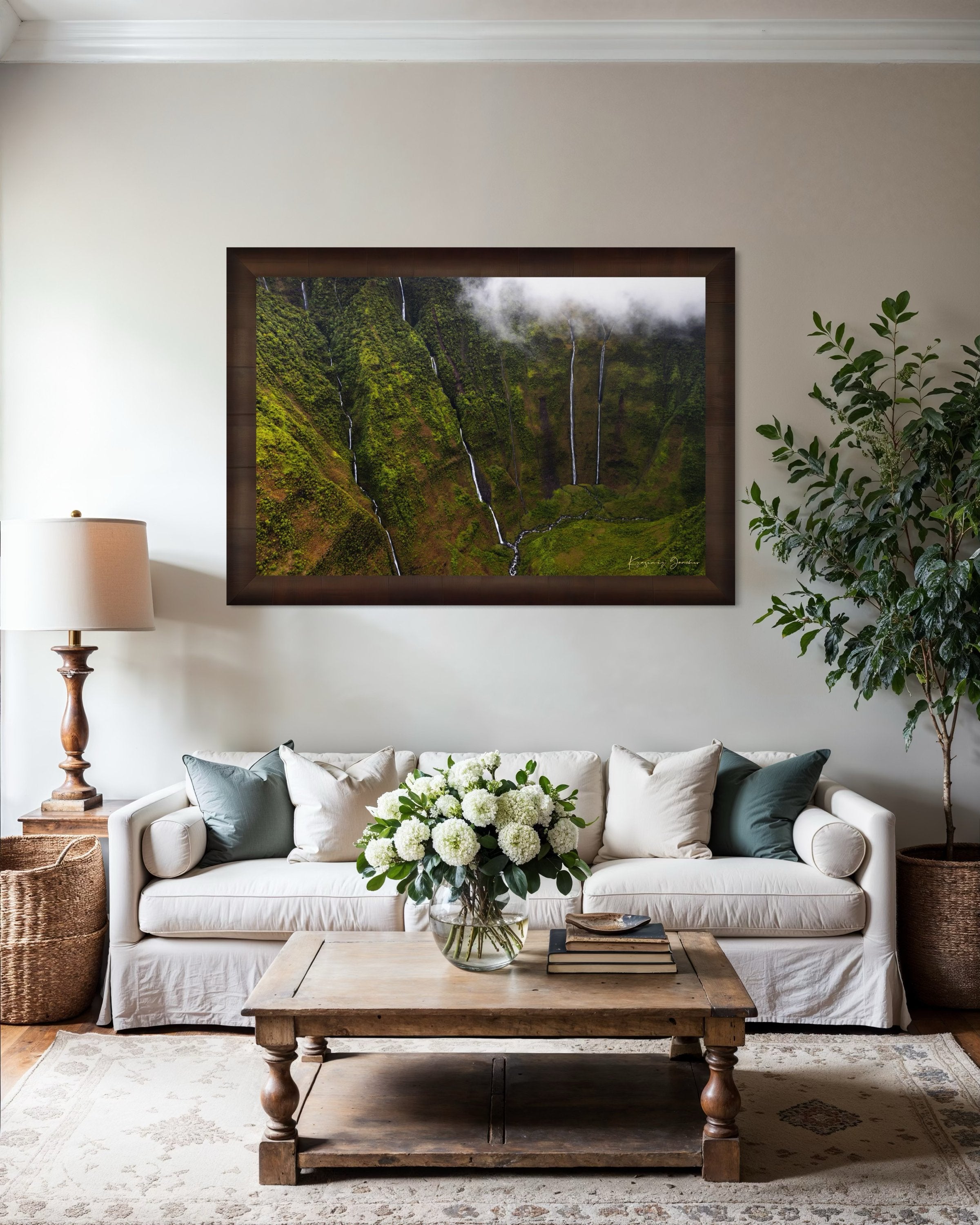 Waterfall cascading down a cliff in the Weeping Wall region, Kauai, under daytime light and cloud cover. #Finish_Roma Cigar Leaf Frame