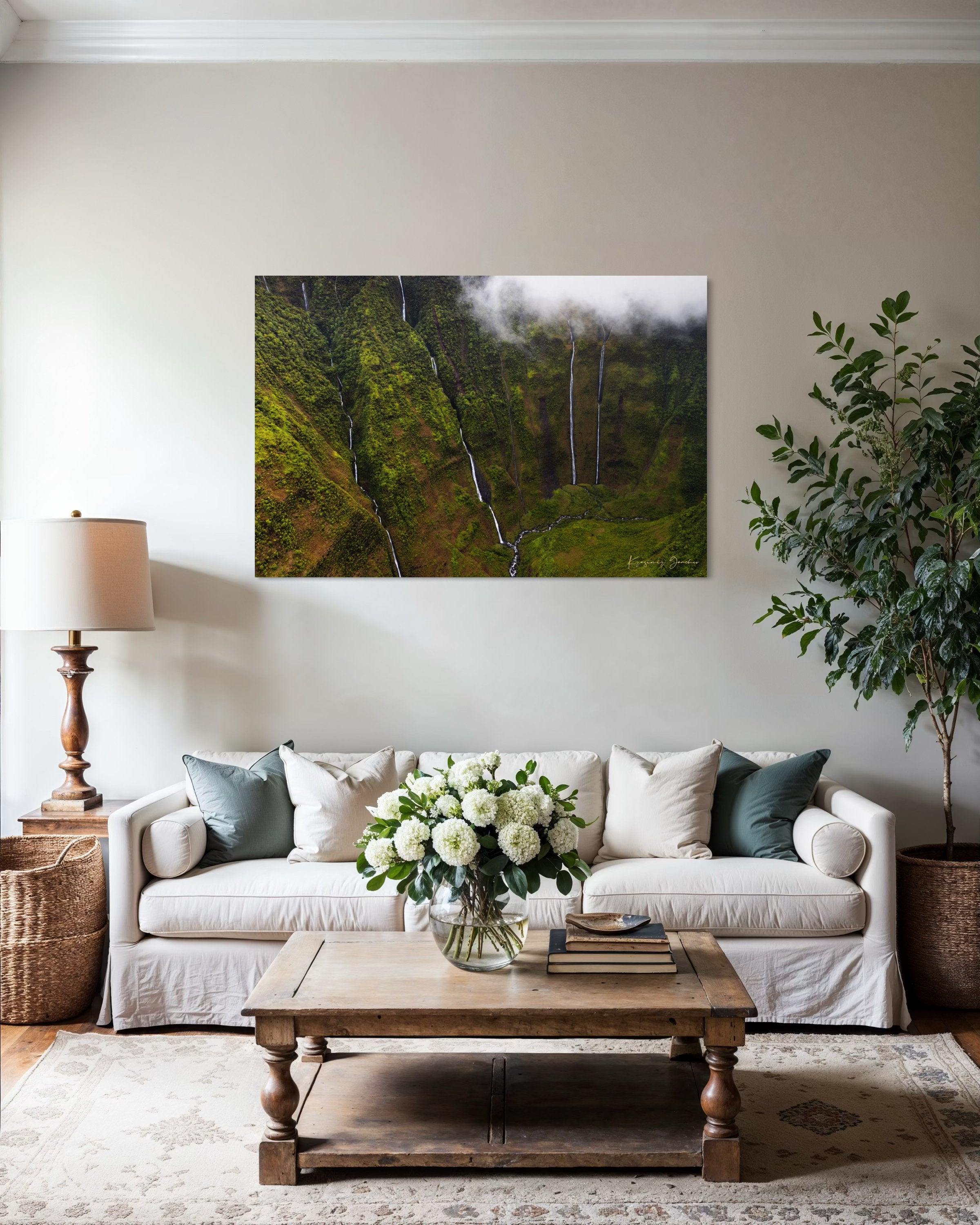 Waterfall cascading down a cliff in the Weeping Wall region, Kauai, under daytime light and cloud cover. #Finish_Acrylic Recess