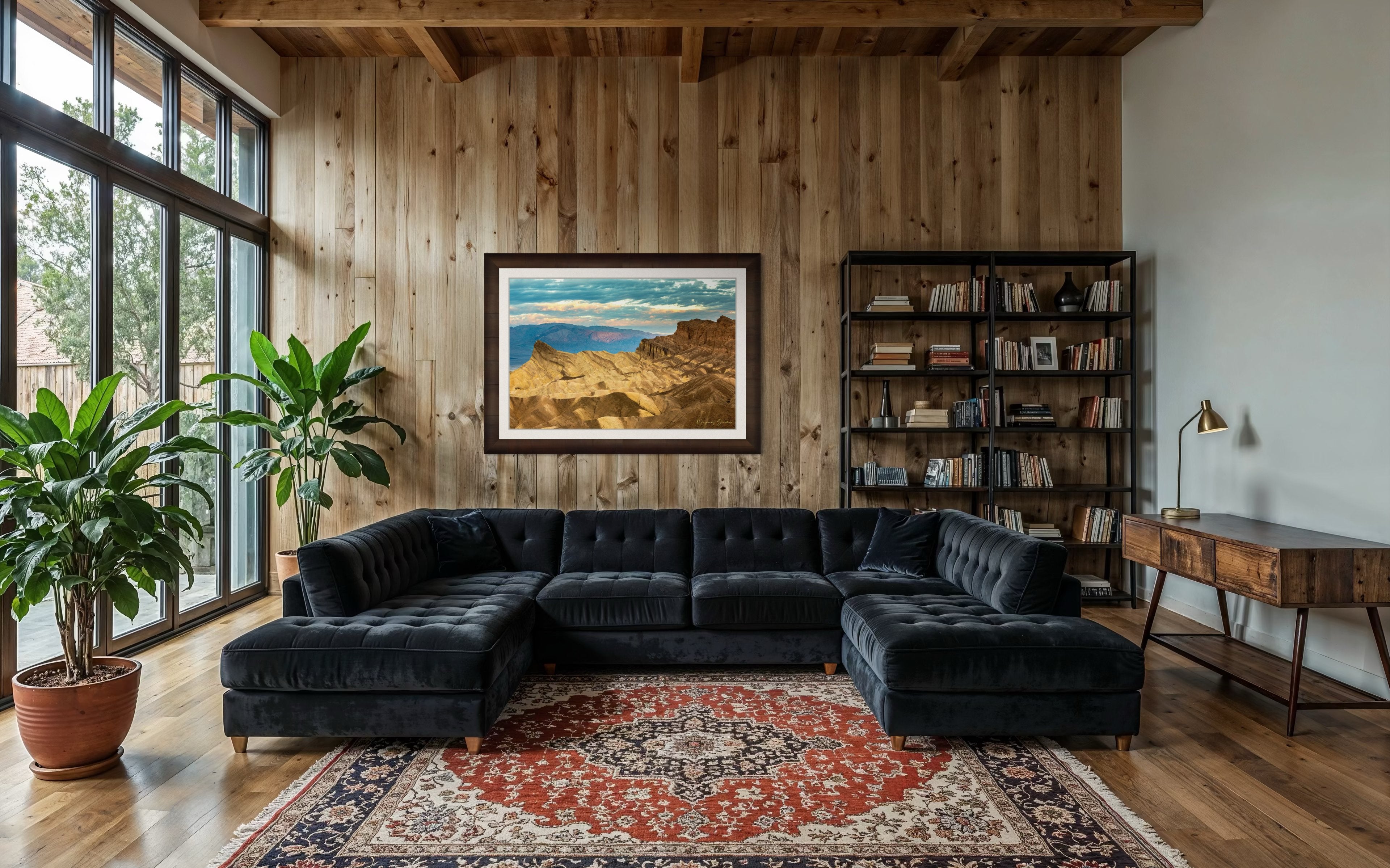 Layered sandstone and sedimentary rock layers at Zabriskie Point, Death Valley National Park, under morning sunlight. #Finish_Roma Cigar Leaf Frame & Bright Liner