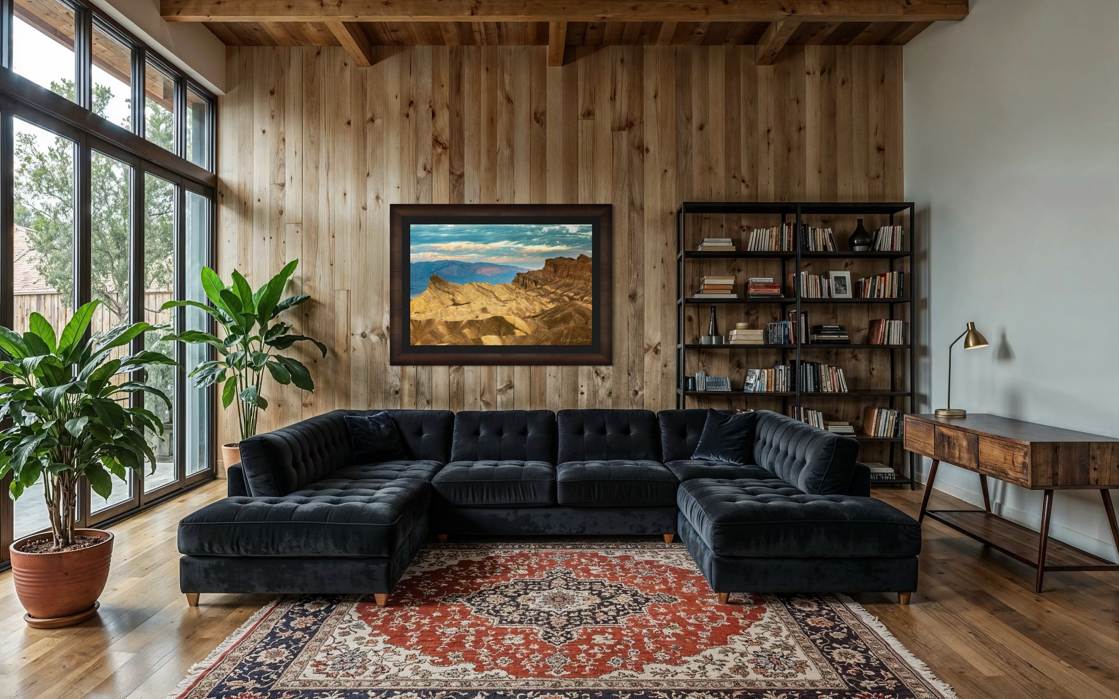 Layered sandstone and sedimentary rock layers at Zabriskie Point, Death Valley National Park, under morning sunlight. #Finish_Roma Cigar Leaf Frame & Dark Liner