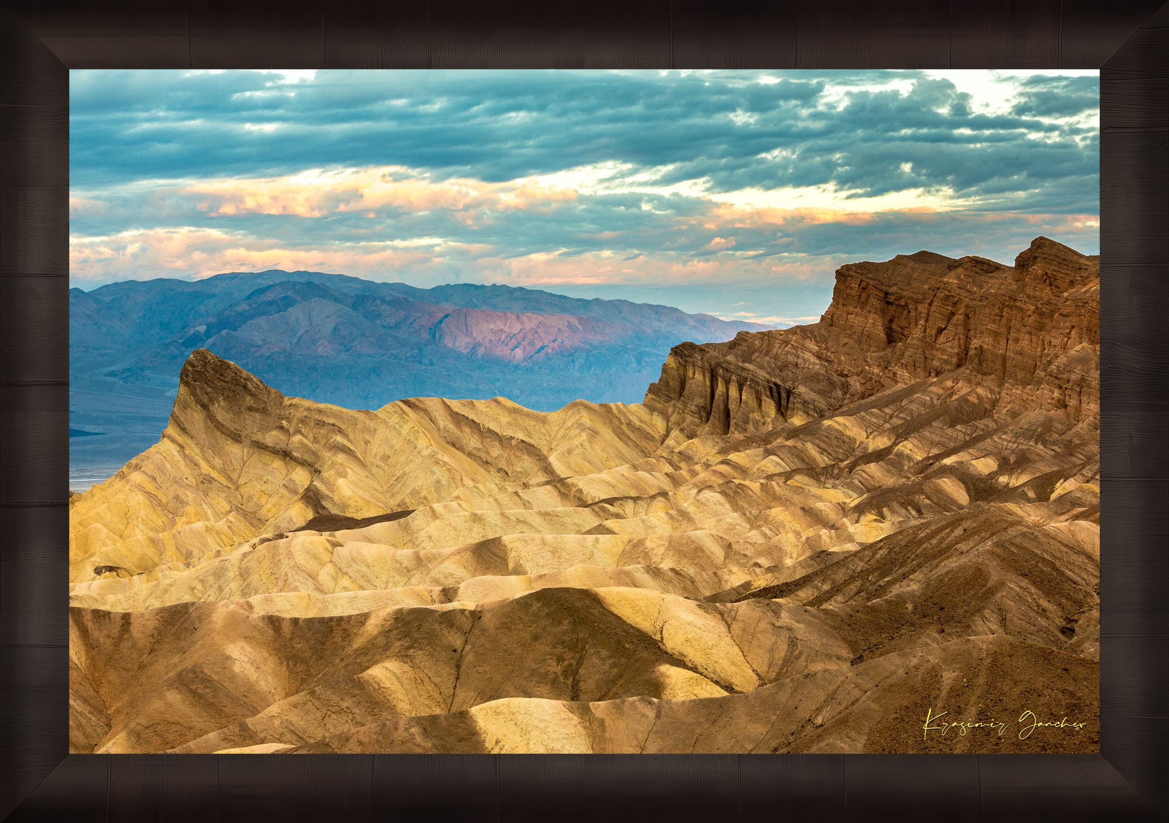 Layered sandstone and sedimentary rock layers at Zabriskie Point, Death Valley National Park, under morning sunlight. #Finish_Roma Dark Ash Frame