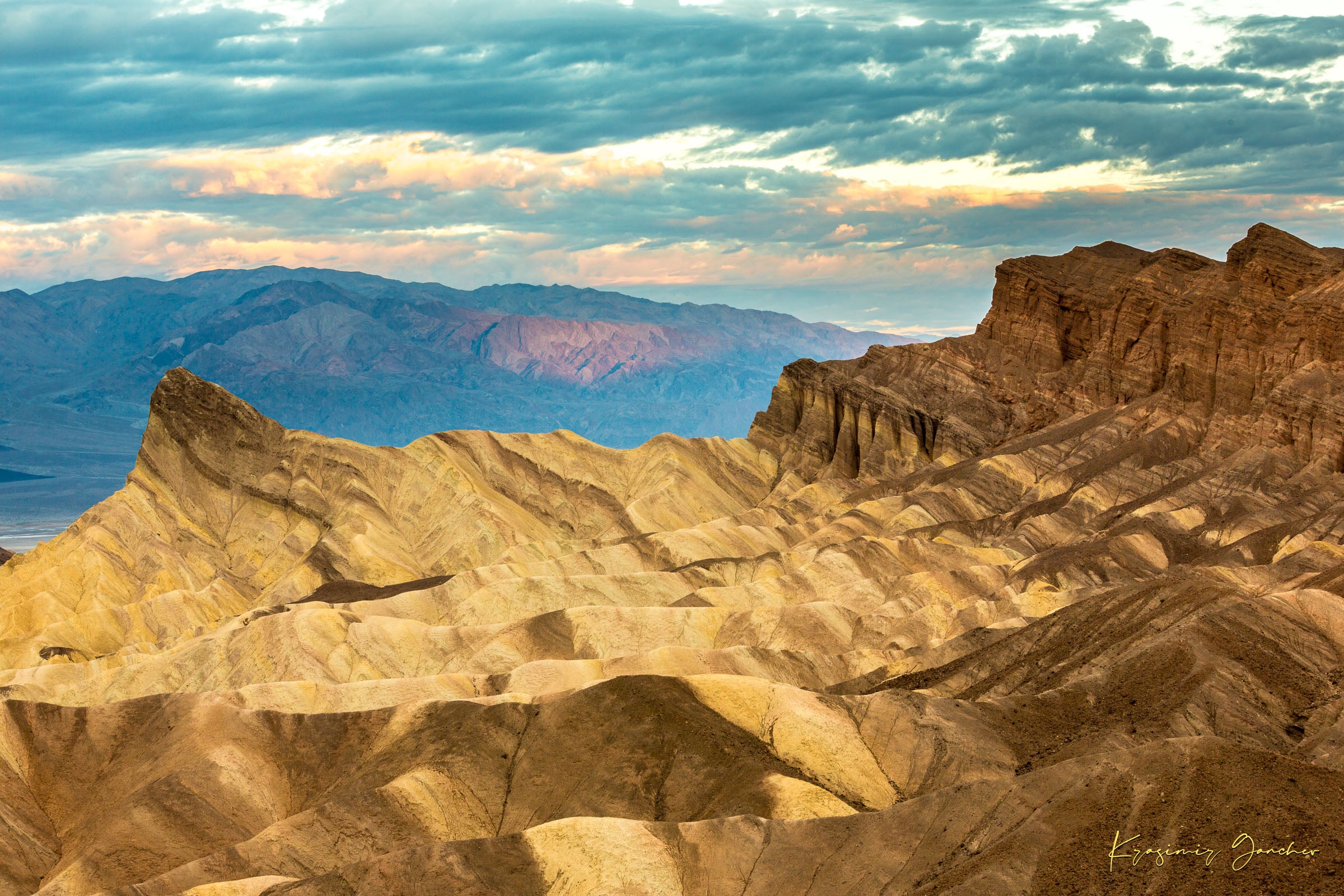 Layered sandstone and sedimentary rock layers at Zabriskie Point, Death Valley National Park, under morning sunlight. #Finish_Acrylic Recess