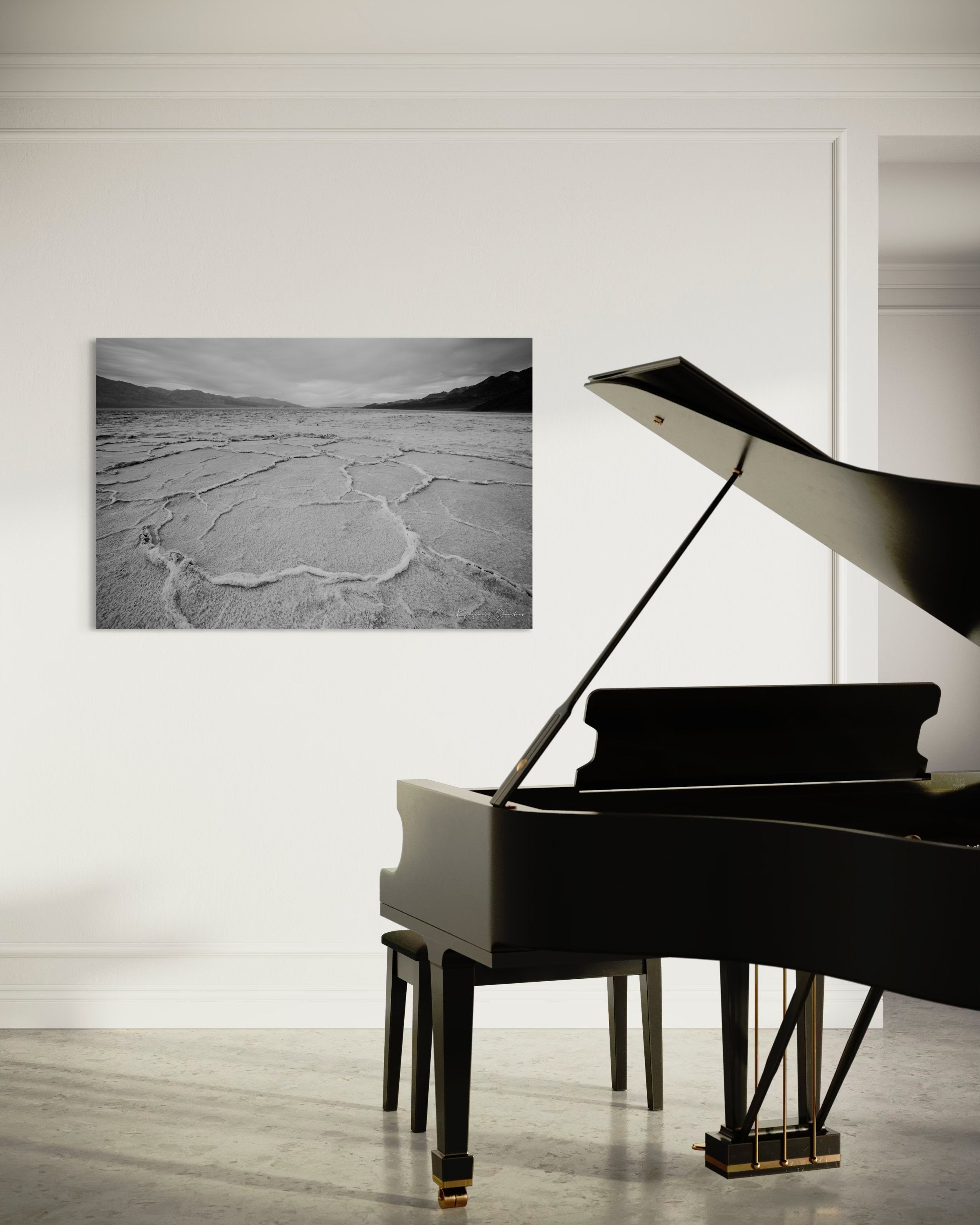 Cracked salt flat landscape in Death Valley National Park during sunset, showing textured surface under clear skies. #Finish_Acrylic Recess
