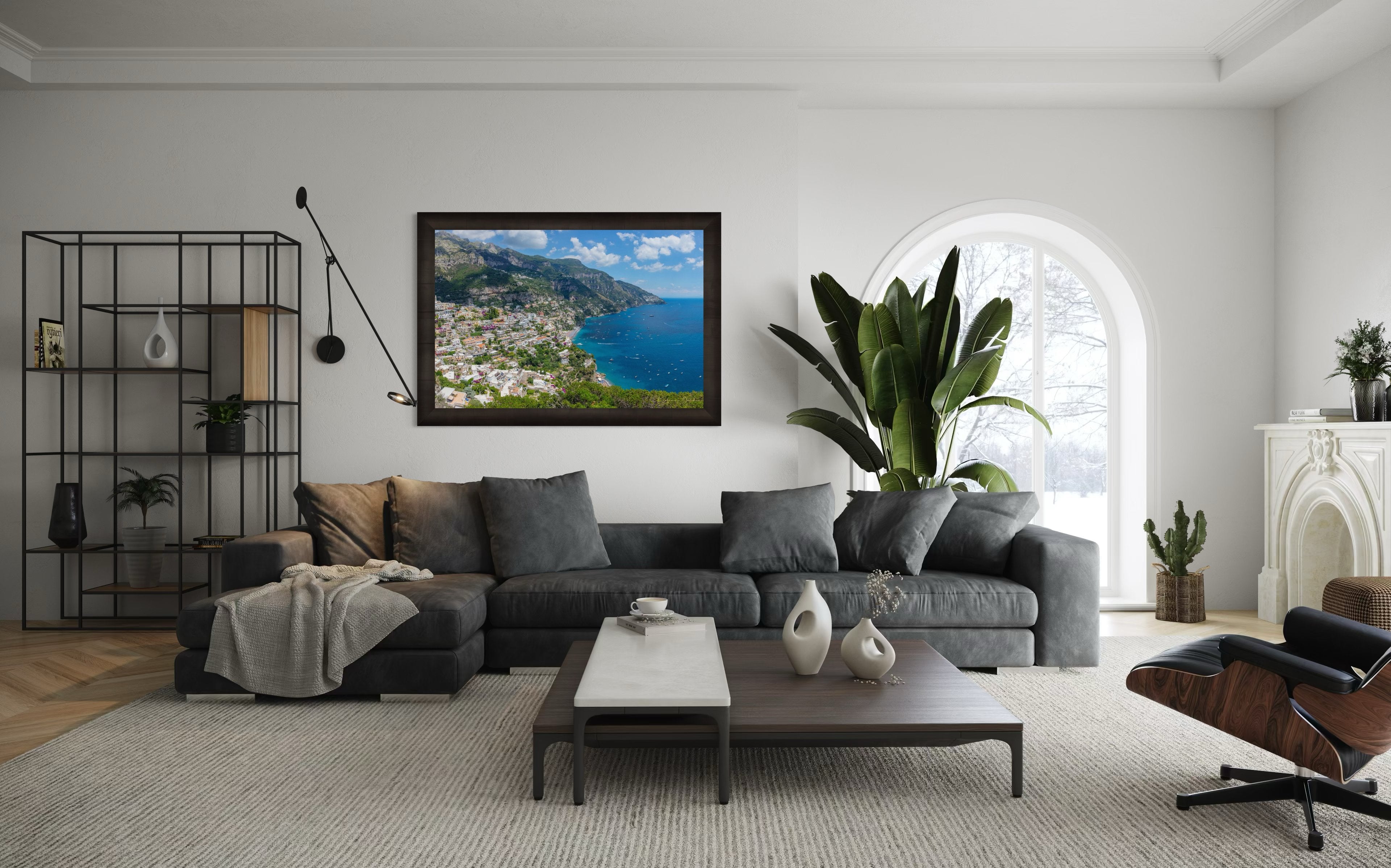 Coastal town of Portofino, Italy, overlooking the Mediterranean Sea with lush green mountains and clear blue sky. #Finish_Roma Dark Ash Frame