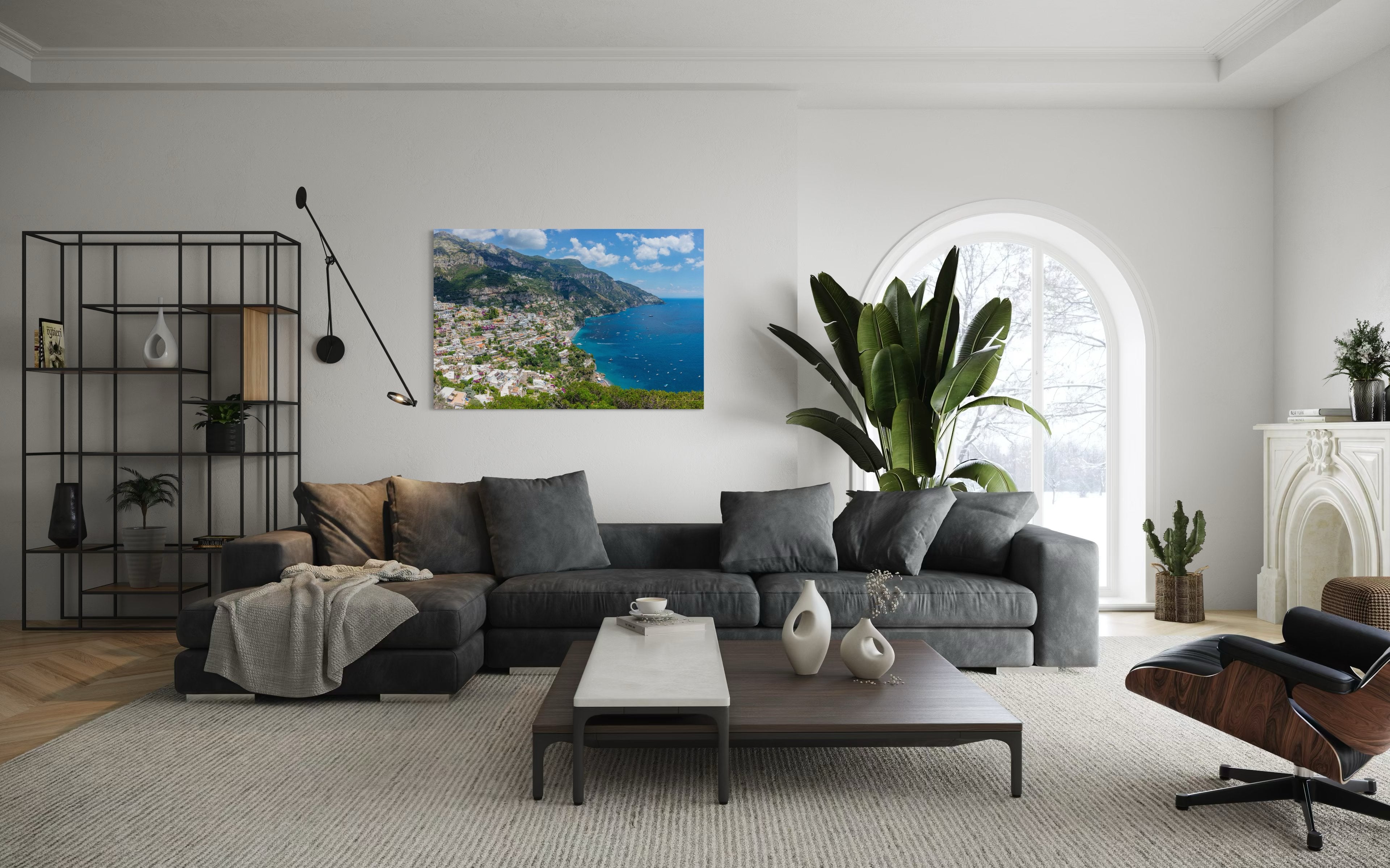 Coastal town of Portofino, Italy, overlooking the Mediterranean Sea with lush green mountains and clear blue sky. #Finish_Acrylic Recess