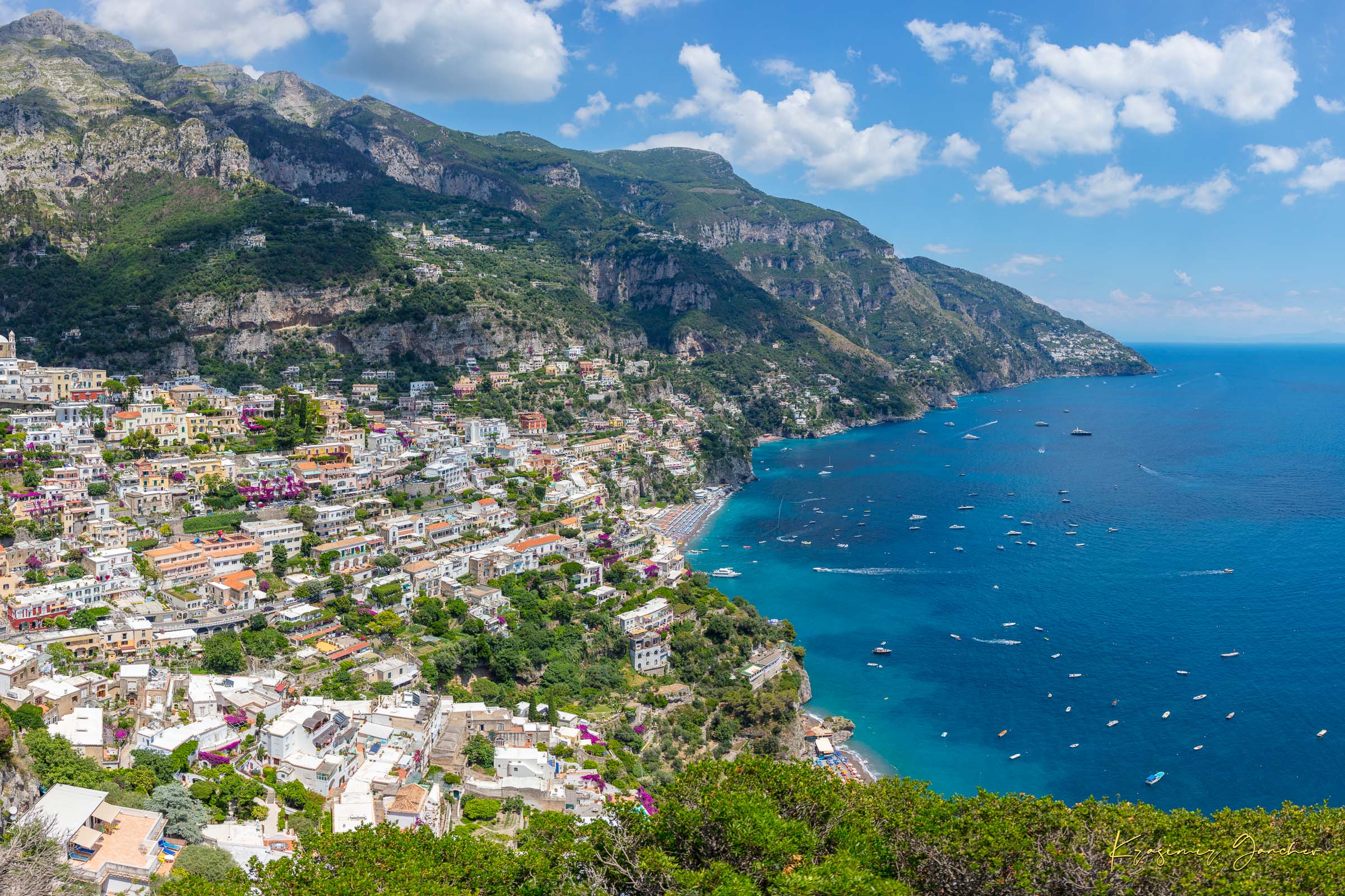 Coastal town of Portofino, Italy, overlooking the Mediterranean Sea with lush green mountains and clear blue sky. #Finish_Acrylic Recess