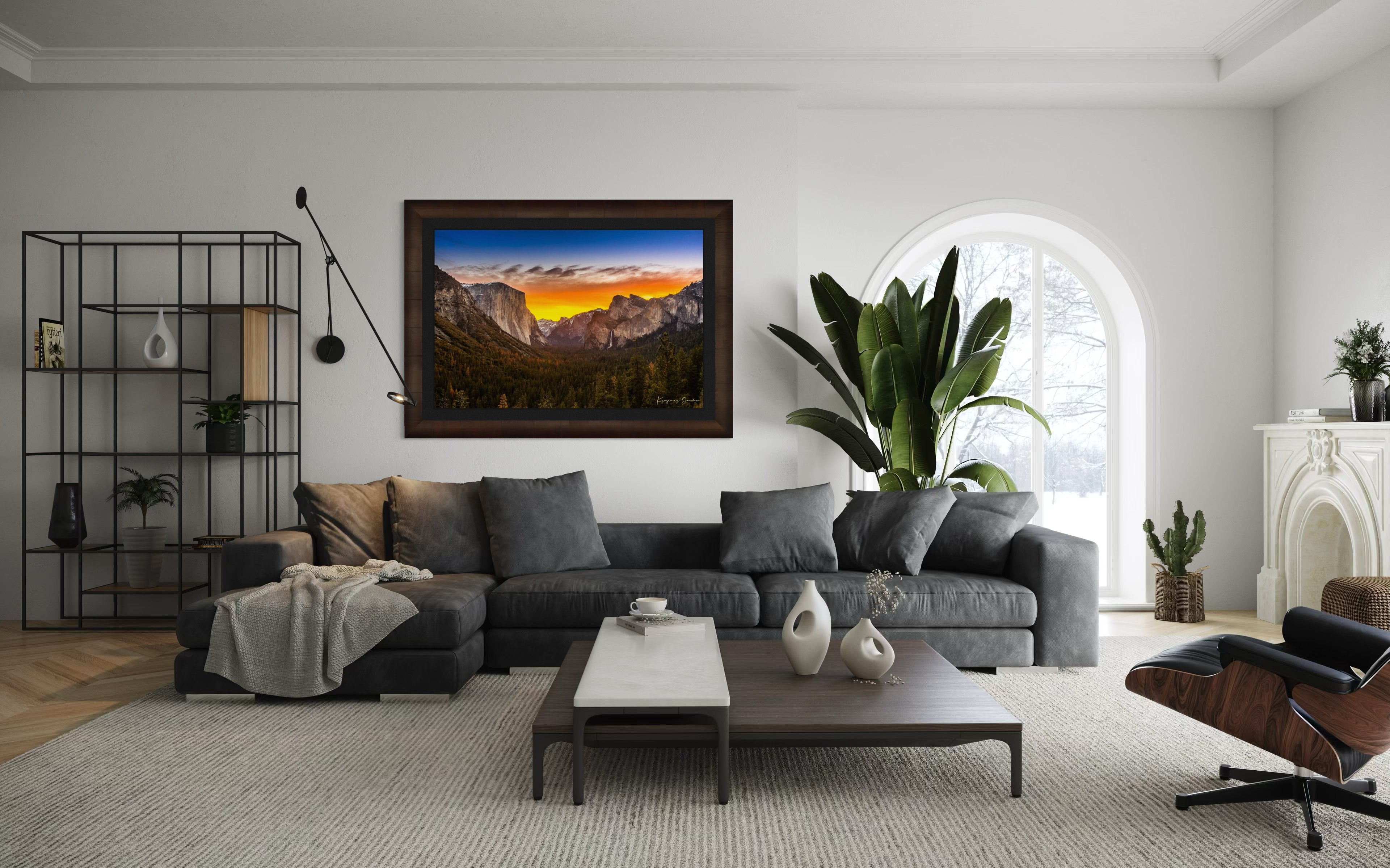 El Capitan rising above Yosemite Valley at sunrise, sunlit peaks framed by layered clouds. #Finish_Roma Cigar Leaf Frame & Dark Liner