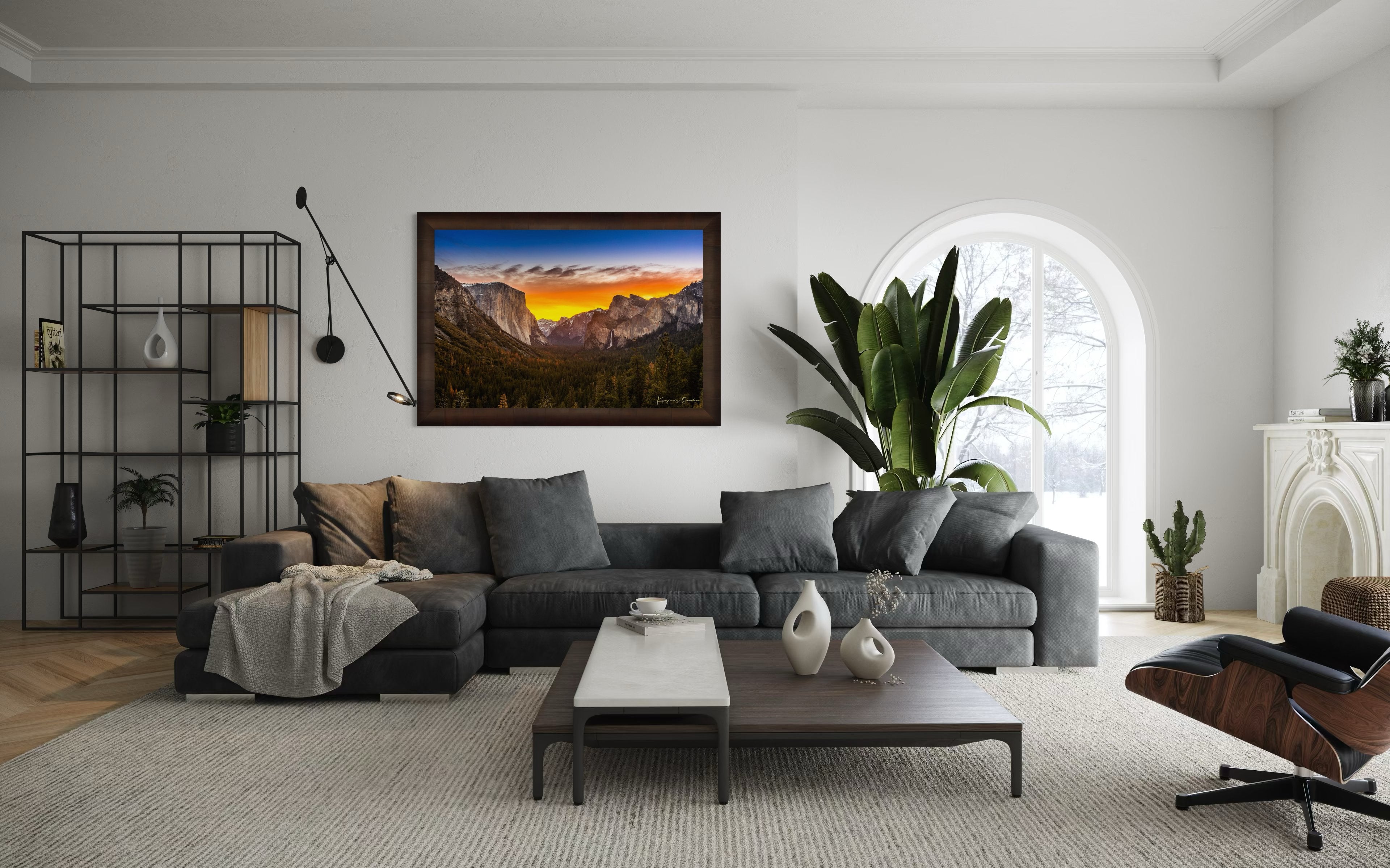 El Capitan rising above Yosemite Valley at sunrise, sunlit peaks framed by layered clouds. #Finish_Roma Cigar Leaf Frame