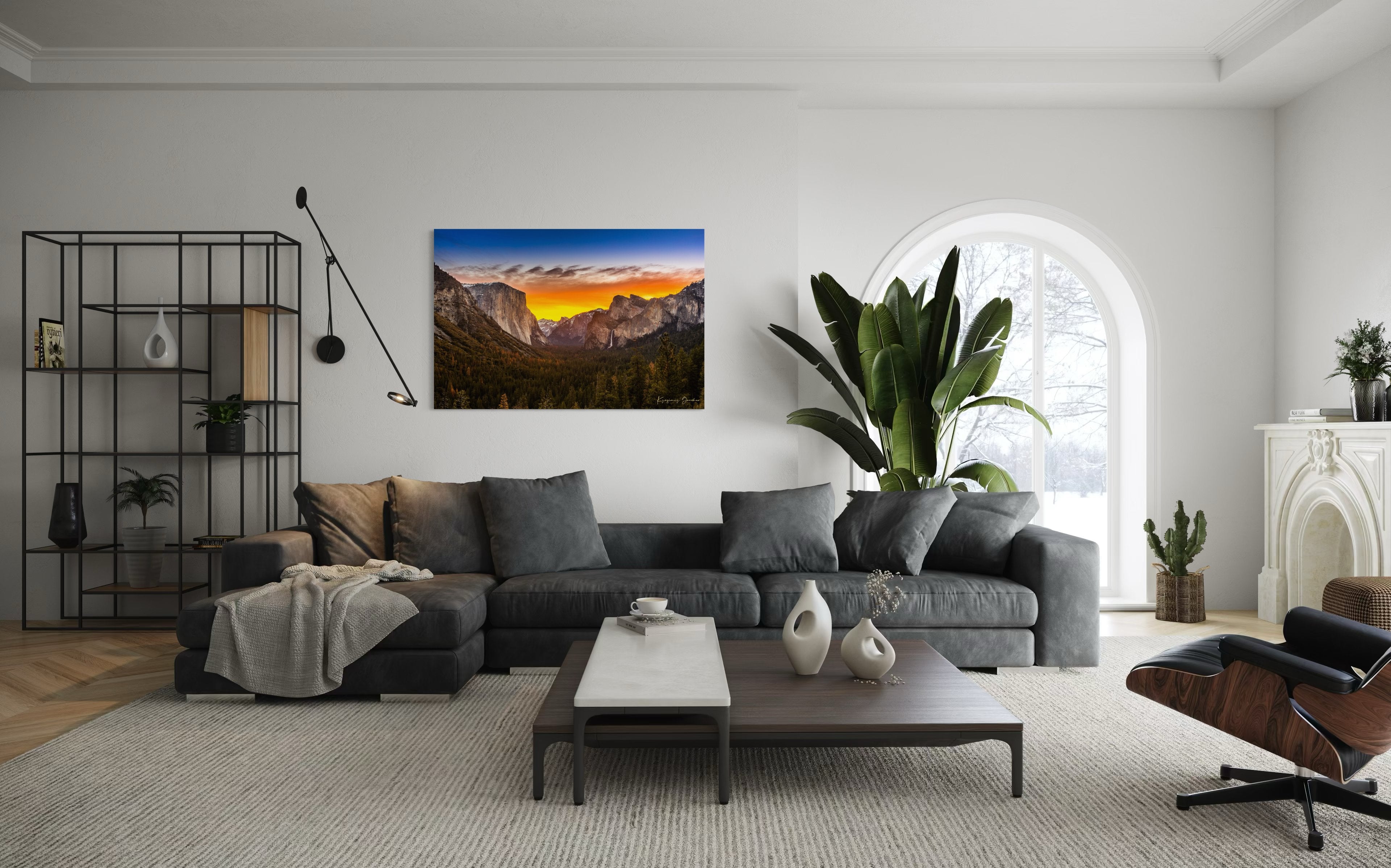 El Capitan rising above Yosemite Valley at sunrise, sunlit peaks framed by layered clouds. #Finish_Acrylic Recess