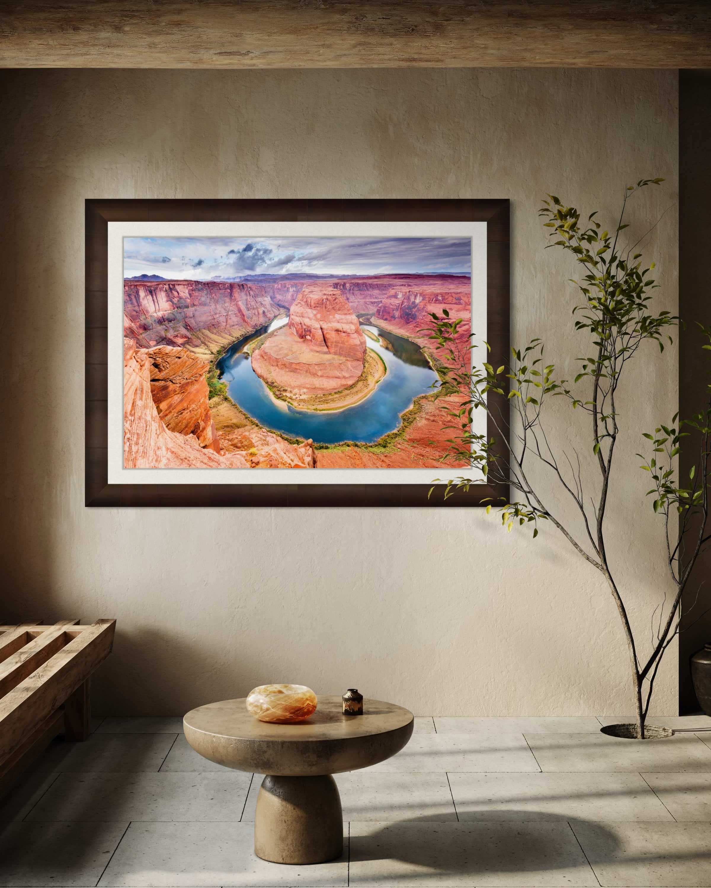 Colorado River curves through Horseshoe Bend at dawn. Water reflects sunlight and surrounding red rock cliffs under cloudy skies. #Finish_Roma Cigar Leaf Frame & Bright Liner