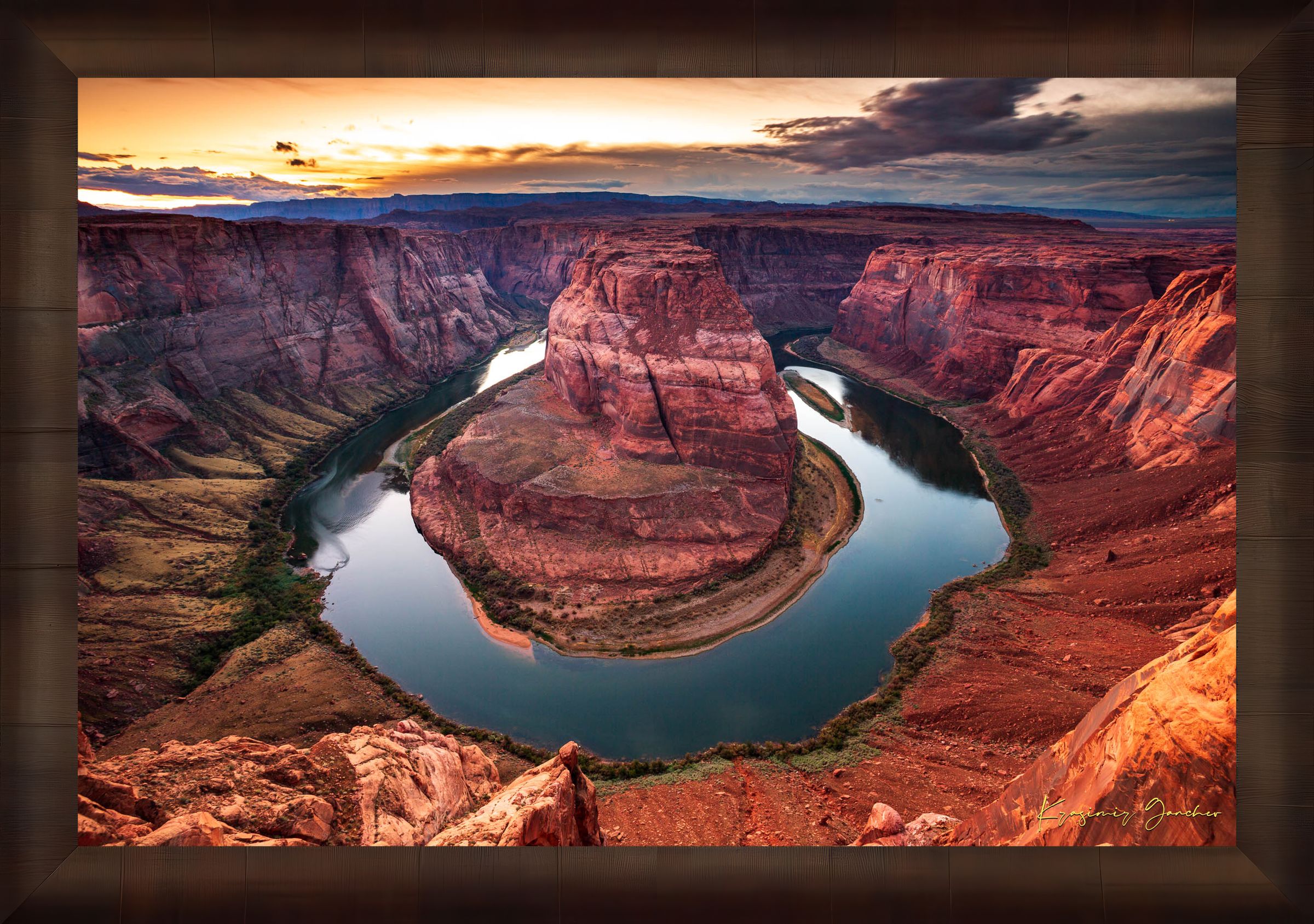 Sunset at Horseshoe Bend. Colorful skies reflect off the still surface of the Colorado River beneath stormy clouds. #Finish_Roma Cigar Leaf Frame