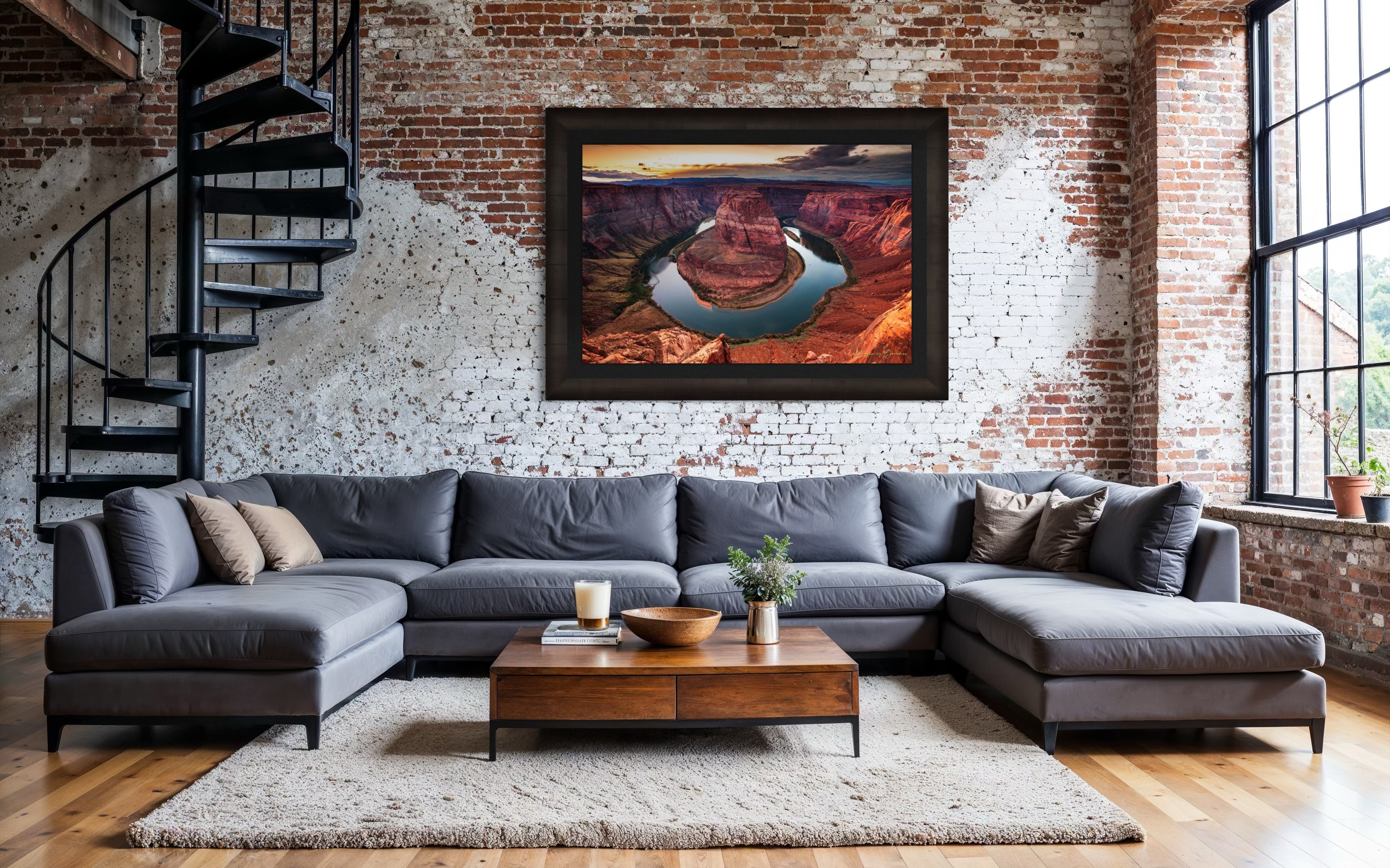 Sunset at Horseshoe Bend. Colorful skies reflect off the still surface of the Colorado River beneath stormy clouds. #Finish_Roma Dark Ash Frame & Dark Liner