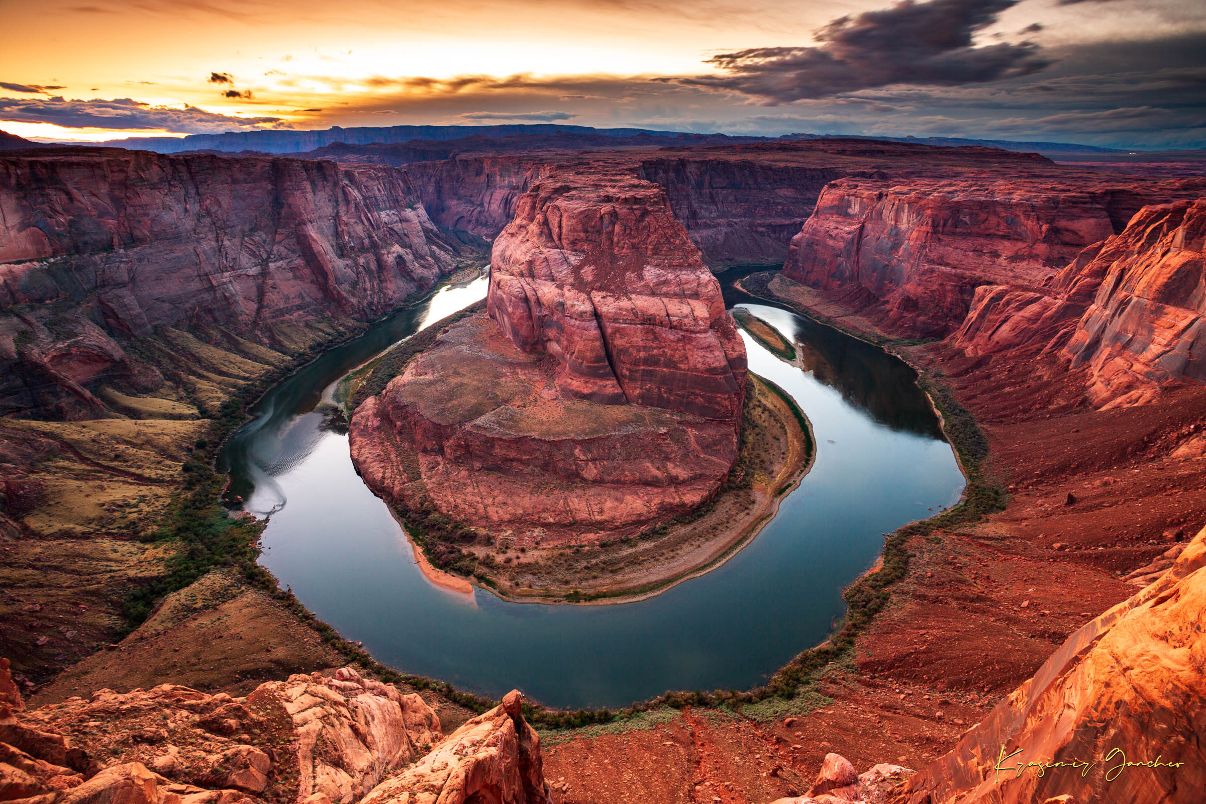 Sunset at Horseshoe Bend. Colorful skies reflect off the still surface of the Colorado River beneath stormy clouds. #Finish_Acrylic Recess