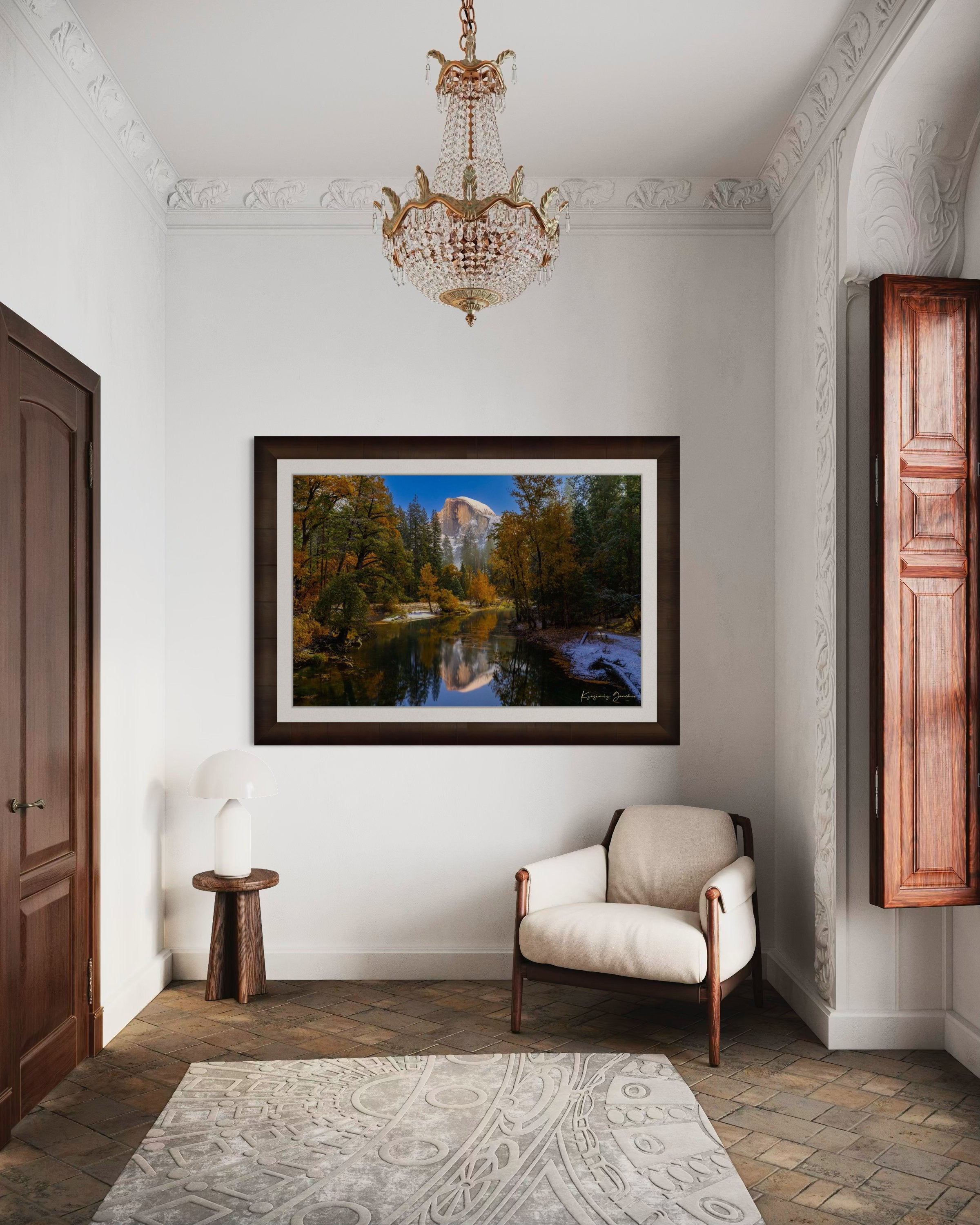 Half Dome monolith and valley at starlit night in Yosemite National Park, reflecting in a flowing river with clouds. #Finish_Roma Cigar Leaf Frame & Bright Liner