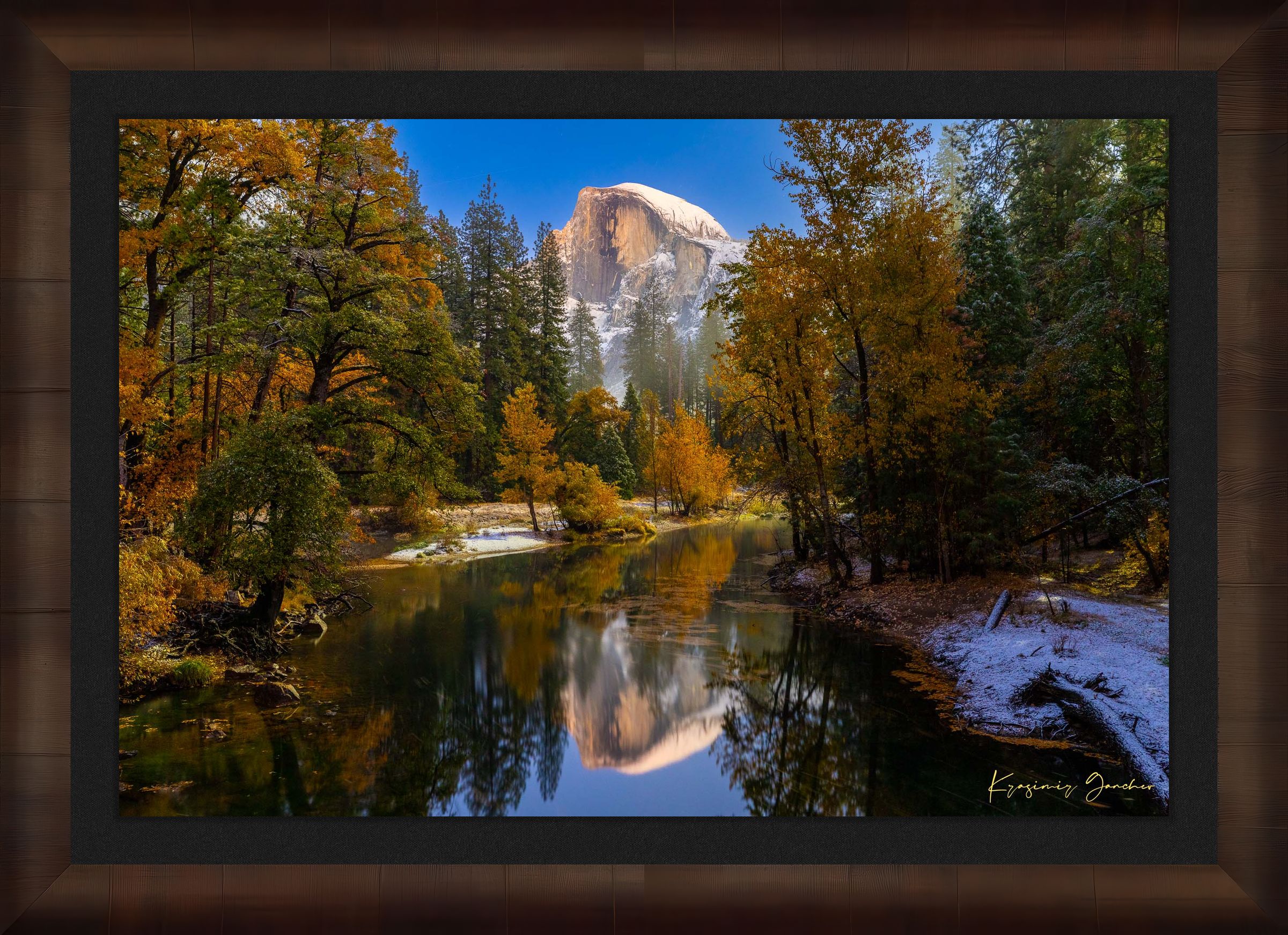 Half Dome monolith and valley at starlit night in Yosemite National Park, reflecting in a flowing river with clouds. #Finish_Roma Cigar Leaf Frame & Dark Liner