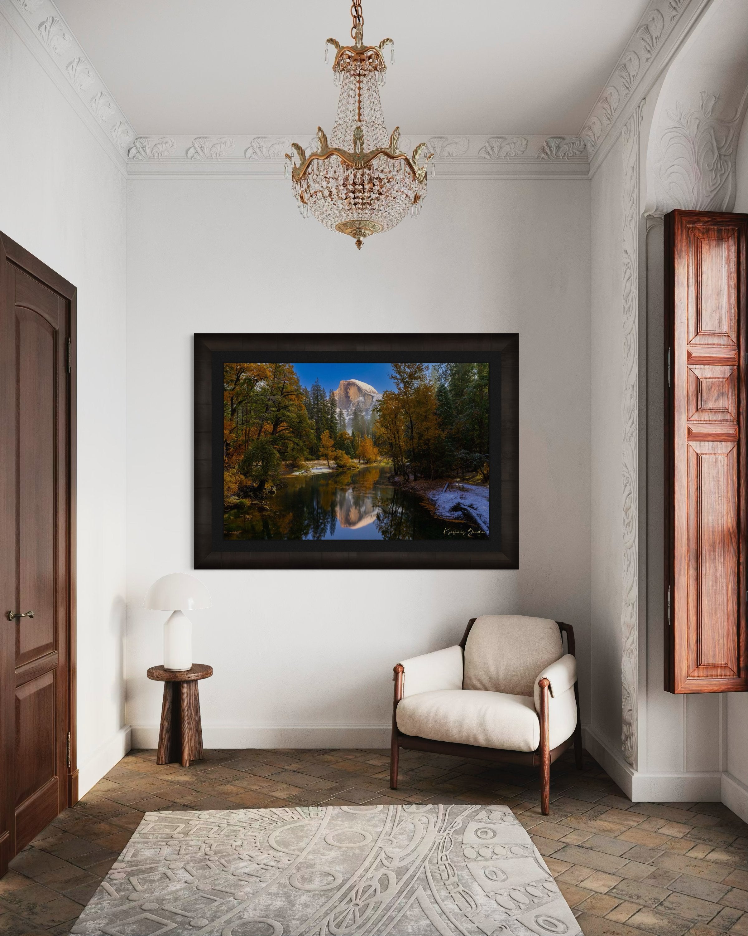 Half Dome monolith and valley at starlit night in Yosemite National Park, reflecting in a flowing river with clouds. #Finish_Roma Dark Ash Frame & Dark Liner