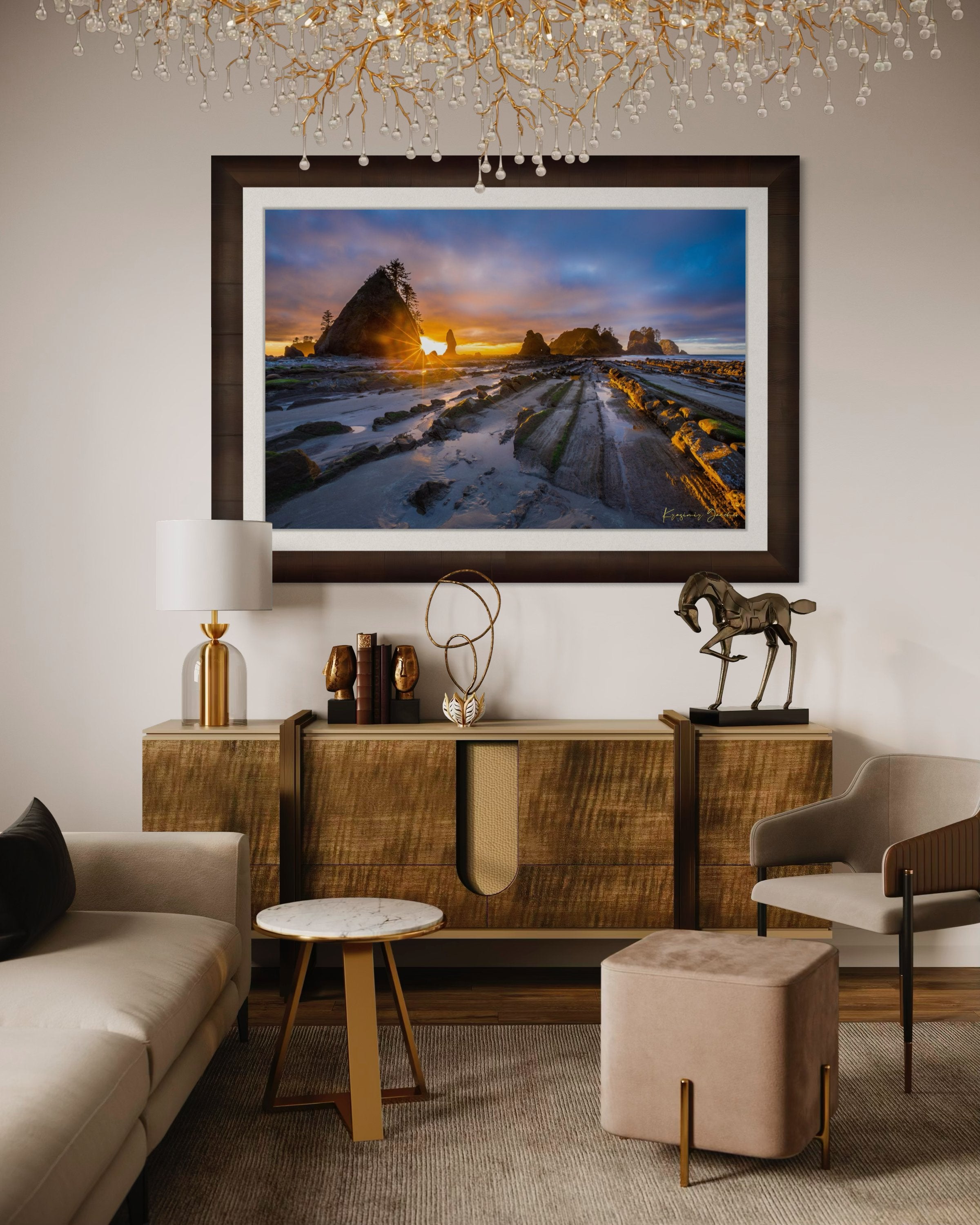 Golden sunset over ocean waves at Shi Shi Beach; silhouetted sea stacks stand against cloudy skies. #Finish_Roma Cigar Leaf Frame & Bright Liner